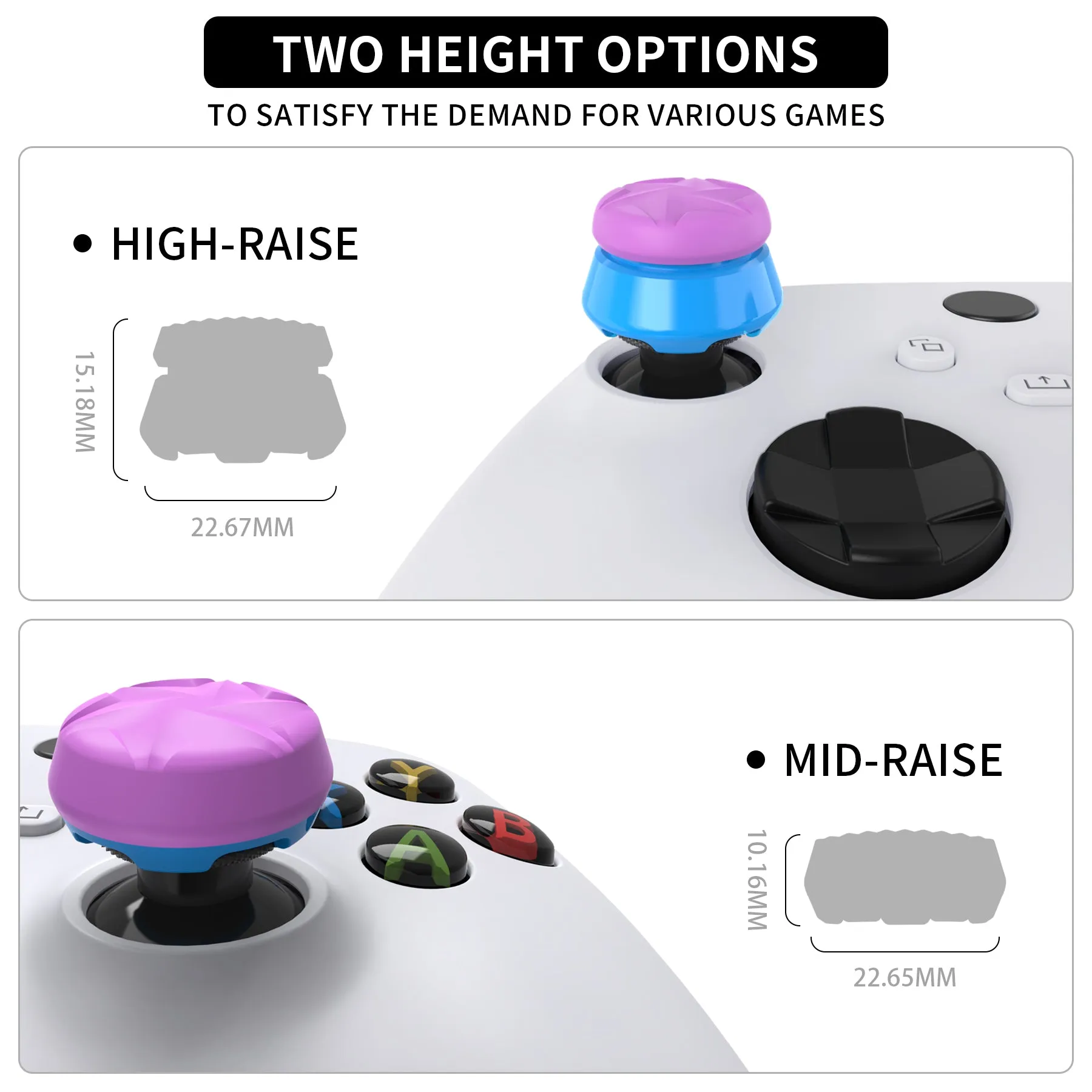 PlayVital Thumbs Pro RAZOR Thumbstick Extender for Xbox Core Controller, for Xbox Series X/S Controller, Joystick Caps for Xbox One Controller - 2 High Raise & 2 Mid Raise Dome - Orchid Purple & Heaven Blue - PJM5008