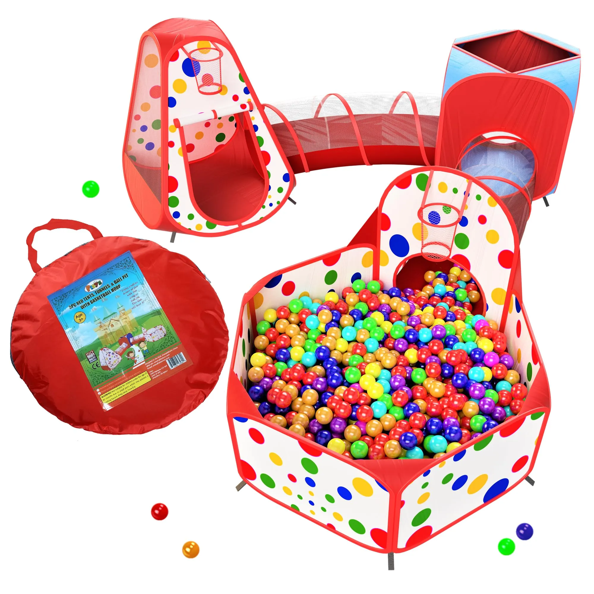 Playz 5 Piece Kids Playhouse Tents Crawl Tunnels & Ball Pit with Basketball Hoop