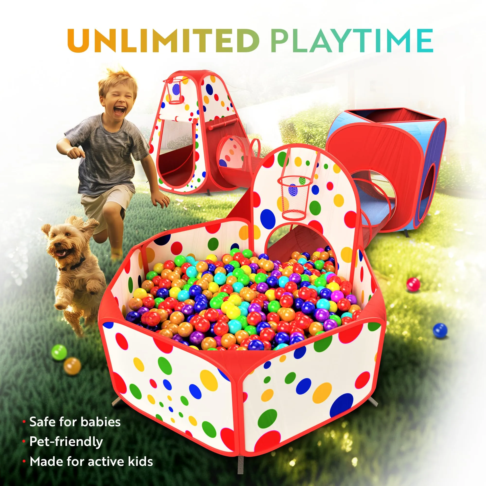 Playz 5 Piece Kids Playhouse Tents Crawl Tunnels & Ball Pit with Basketball Hoop