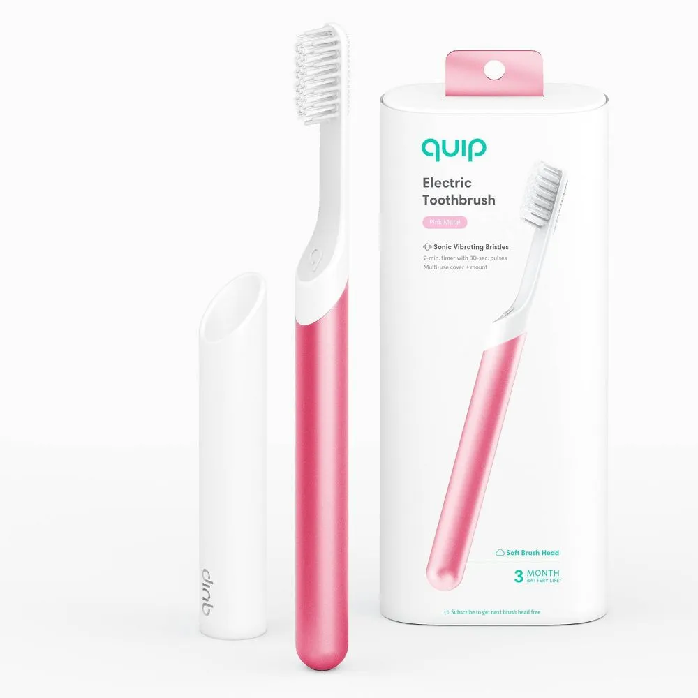 quip Metal Electric Toothbrush Starter Kit - 2-Minute Timer   Travel Case - Pink