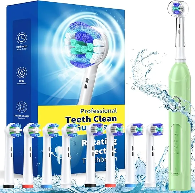 Rotating Electric Toothbrush for Adults with 8 Brush Heads (2 Types), 4 Modes Deep Clean Electric Toothbrush with Rechargeable Power and 2 Min Smart Timer