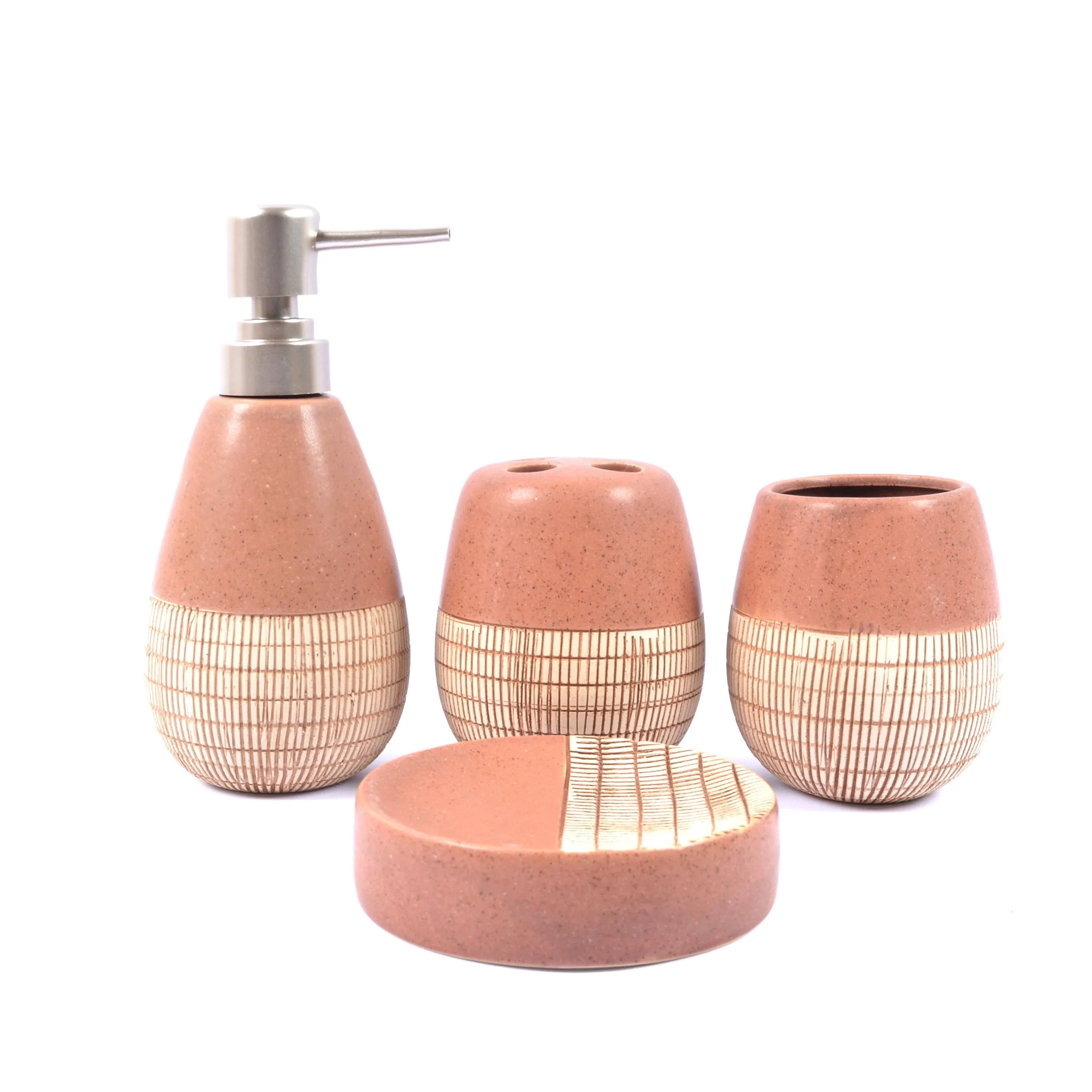 Self Textured Bath Set With Wooden Pattern - 4pcs