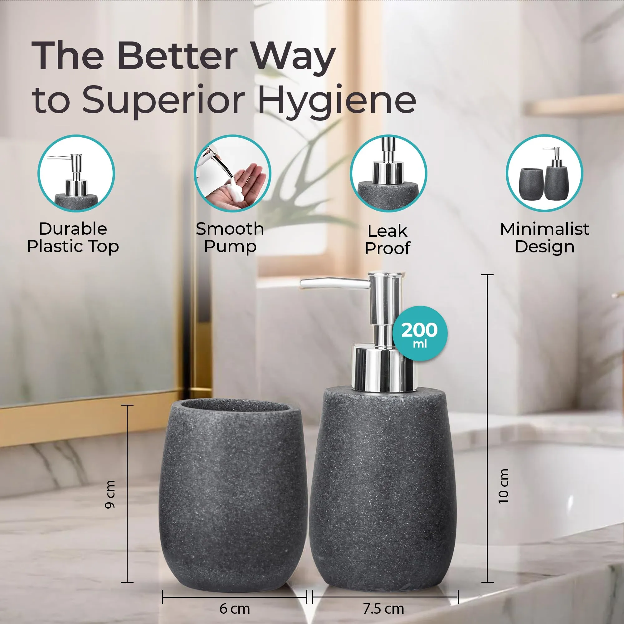 The Better Home Polyresin Soap Dispenser & Toothbrush Holder | Set of 2 | 250ml | Liquid Soap Dispensers for Bathroom & Kitchen | Handwash Dispenser | Soap Dispenser for Bathroom | Black