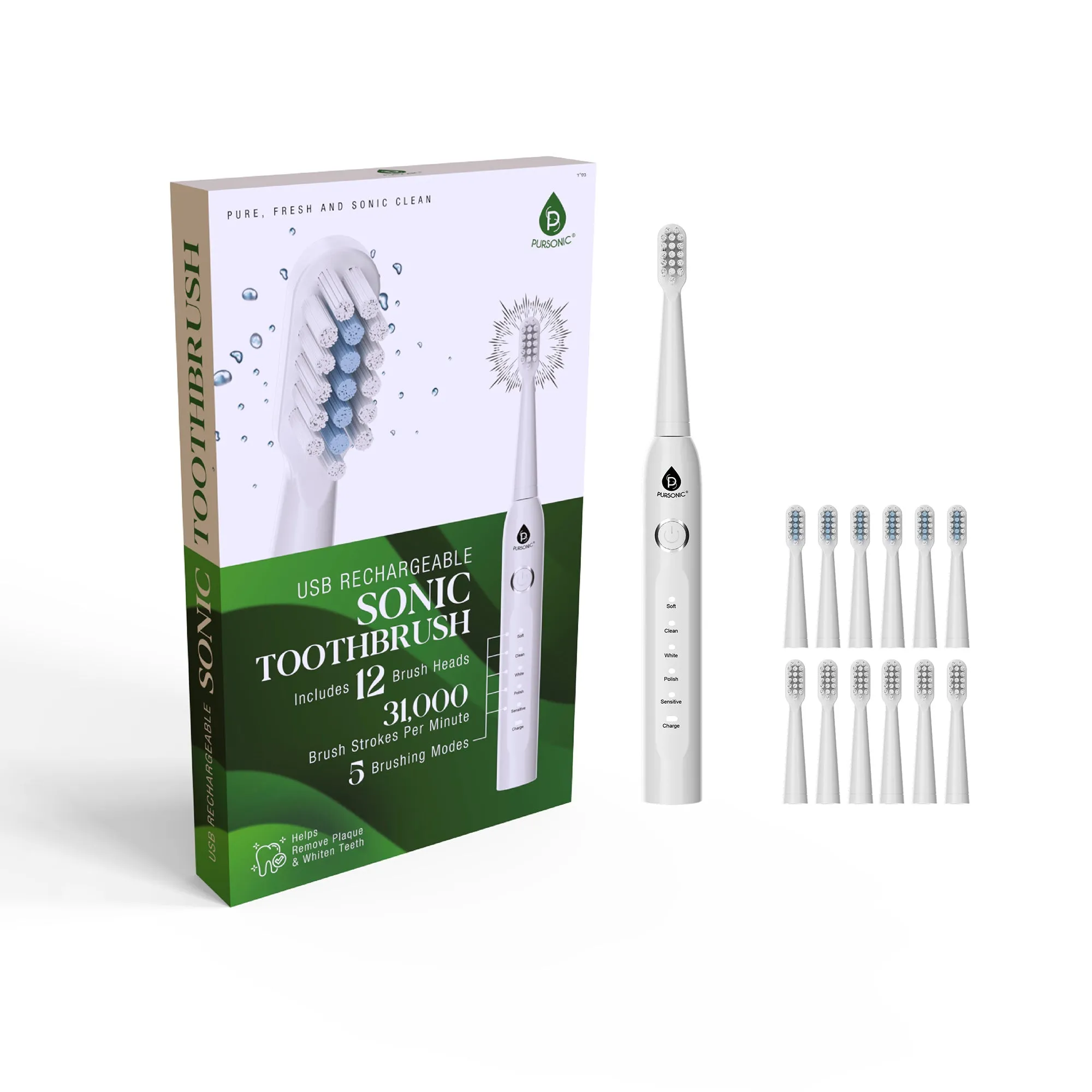 USB Rechargeable Sonic Toothbrush with 12 Brush Heads