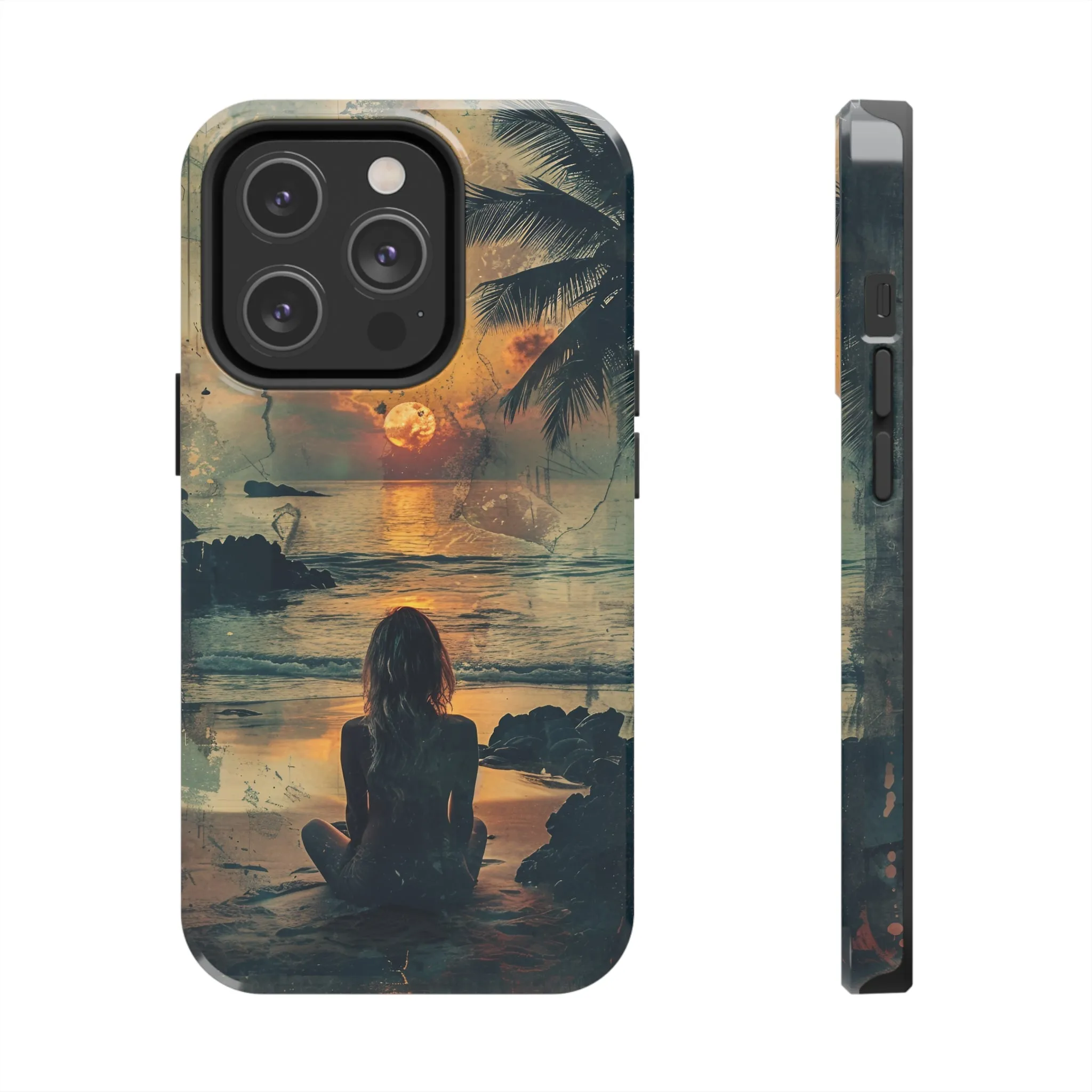 Vitage Tropical Sunset Beach Scene, iPhone Case, Aesthetic Ocean View with Palm Trees, Tranquil Nature Vibes Protective Cover, Tough iPhone Case