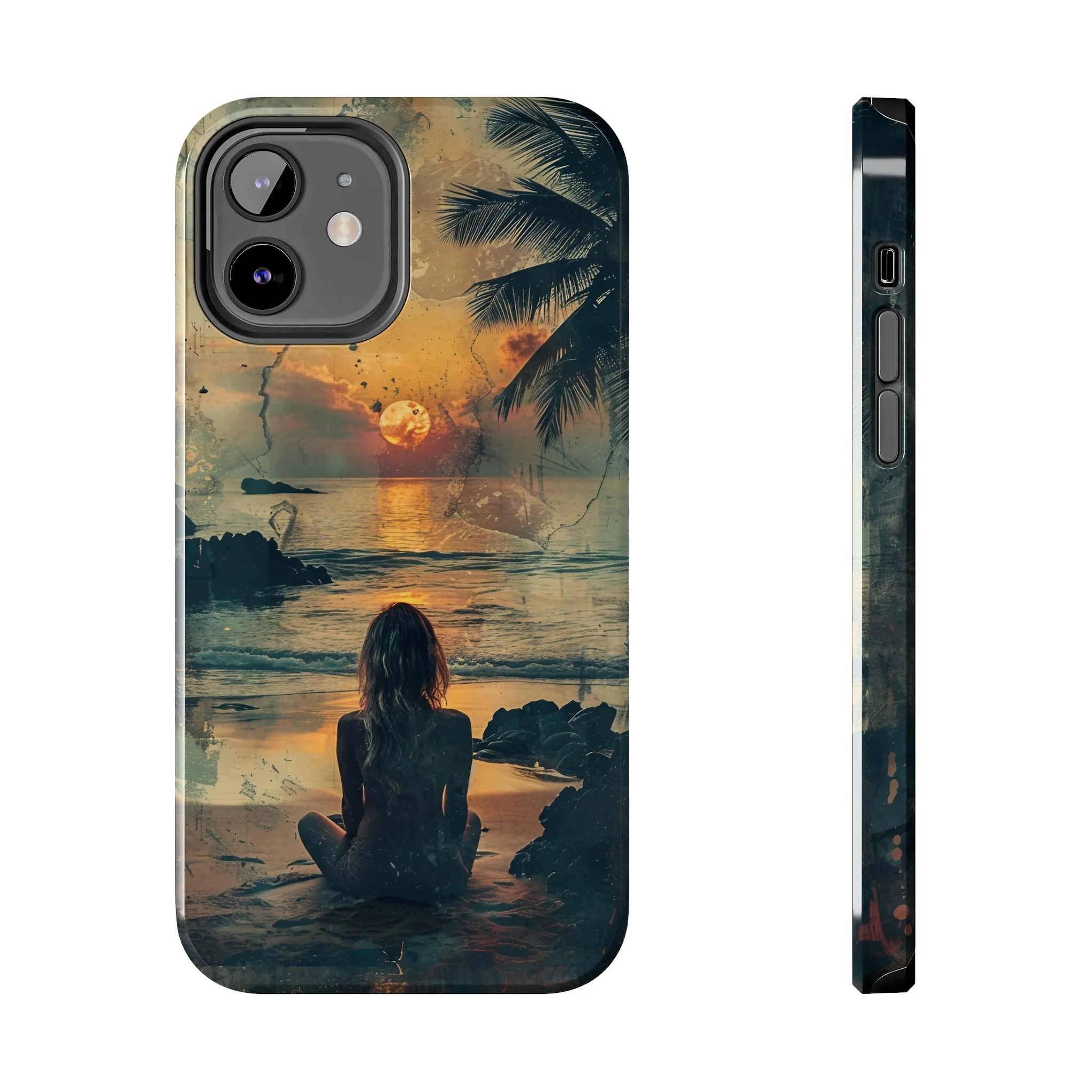 Vitage Tropical Sunset Beach Scene, iPhone Case, Aesthetic Ocean View with Palm Trees, Tranquil Nature Vibes Protective Cover, Tough iPhone Case