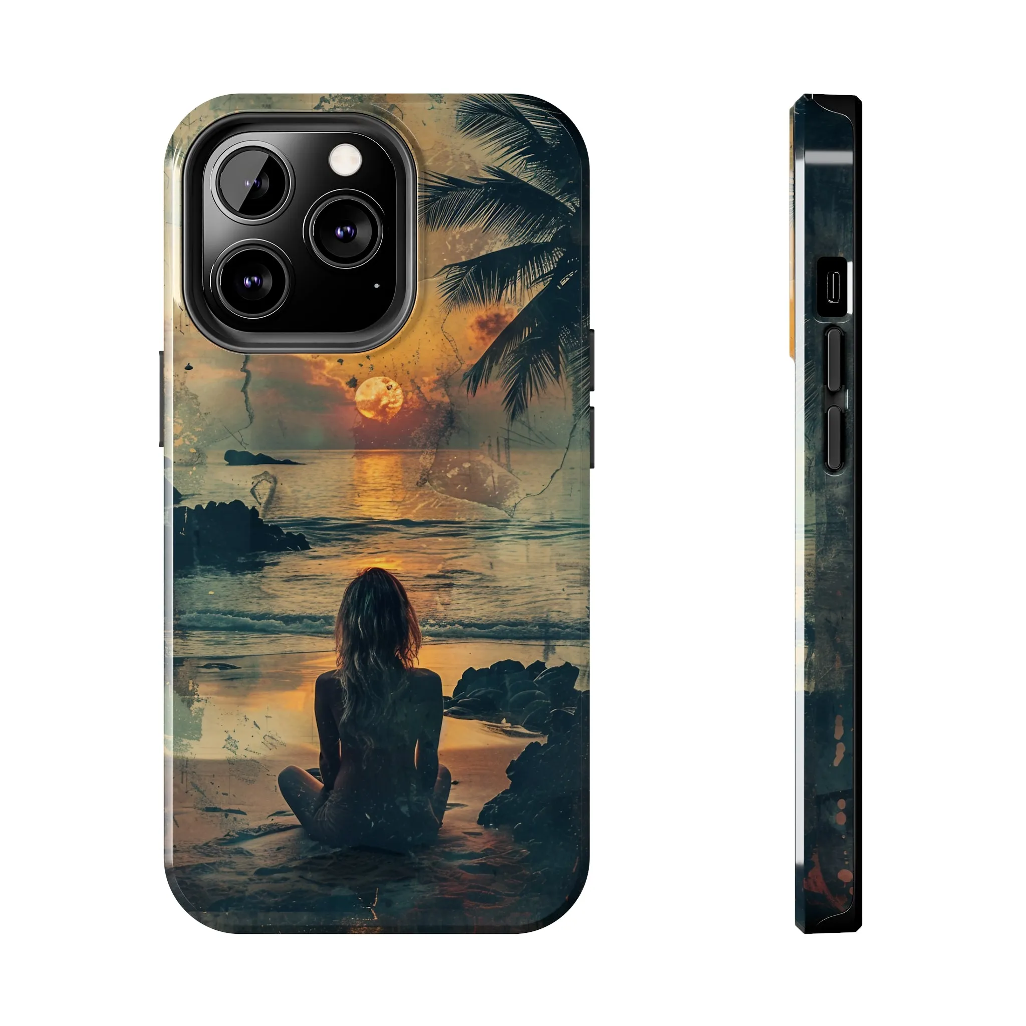 Vitage Tropical Sunset Beach Scene, iPhone Case, Aesthetic Ocean View with Palm Trees, Tranquil Nature Vibes Protective Cover, Tough iPhone Case