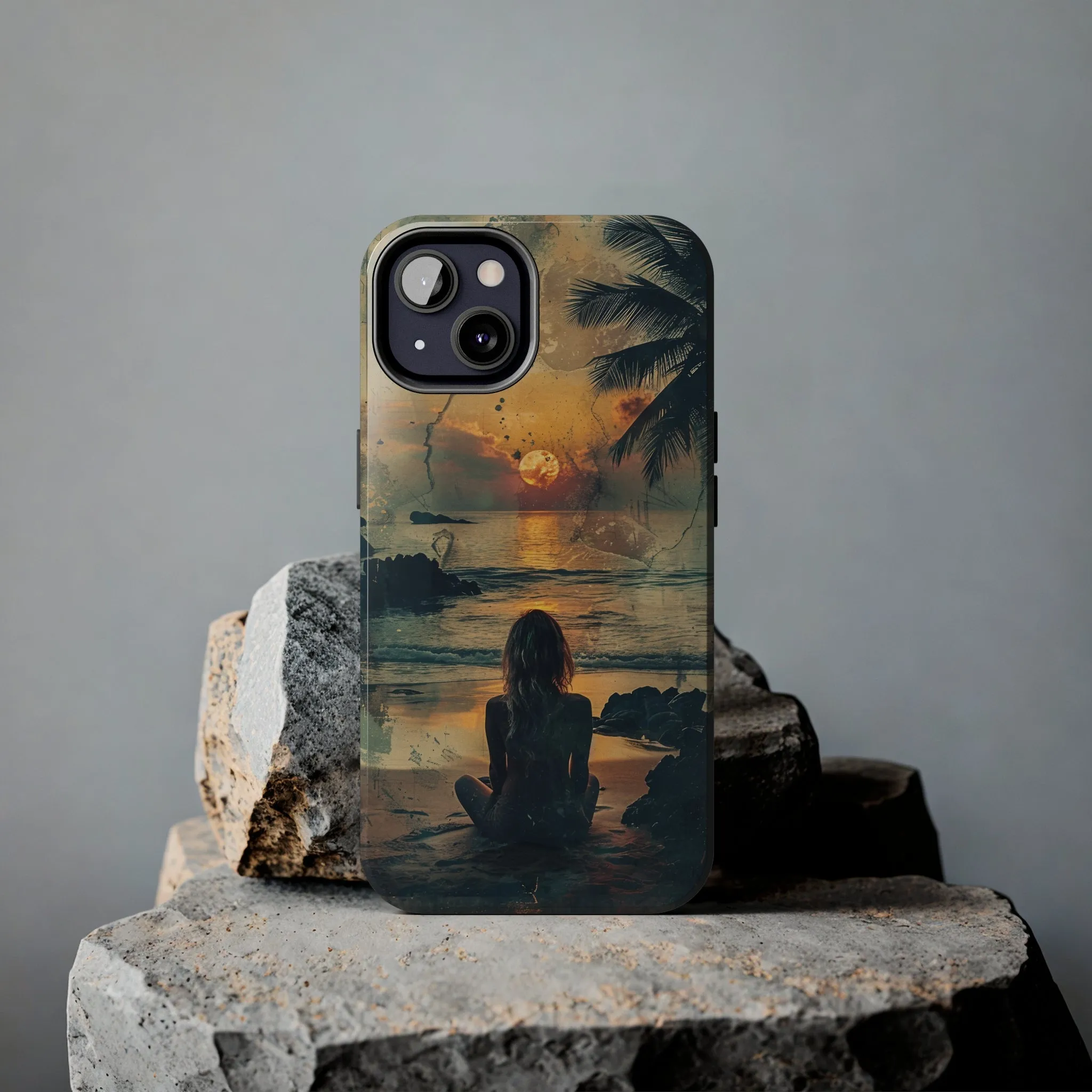 Vitage Tropical Sunset Beach Scene, iPhone Case, Aesthetic Ocean View with Palm Trees, Tranquil Nature Vibes Protective Cover, Tough iPhone Case