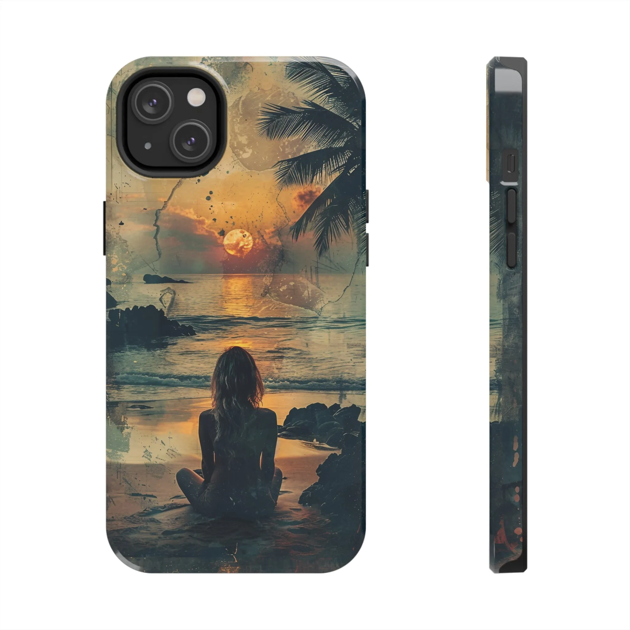 Vitage Tropical Sunset Beach Scene, iPhone Case, Aesthetic Ocean View with Palm Trees, Tranquil Nature Vibes Protective Cover, Tough iPhone Case