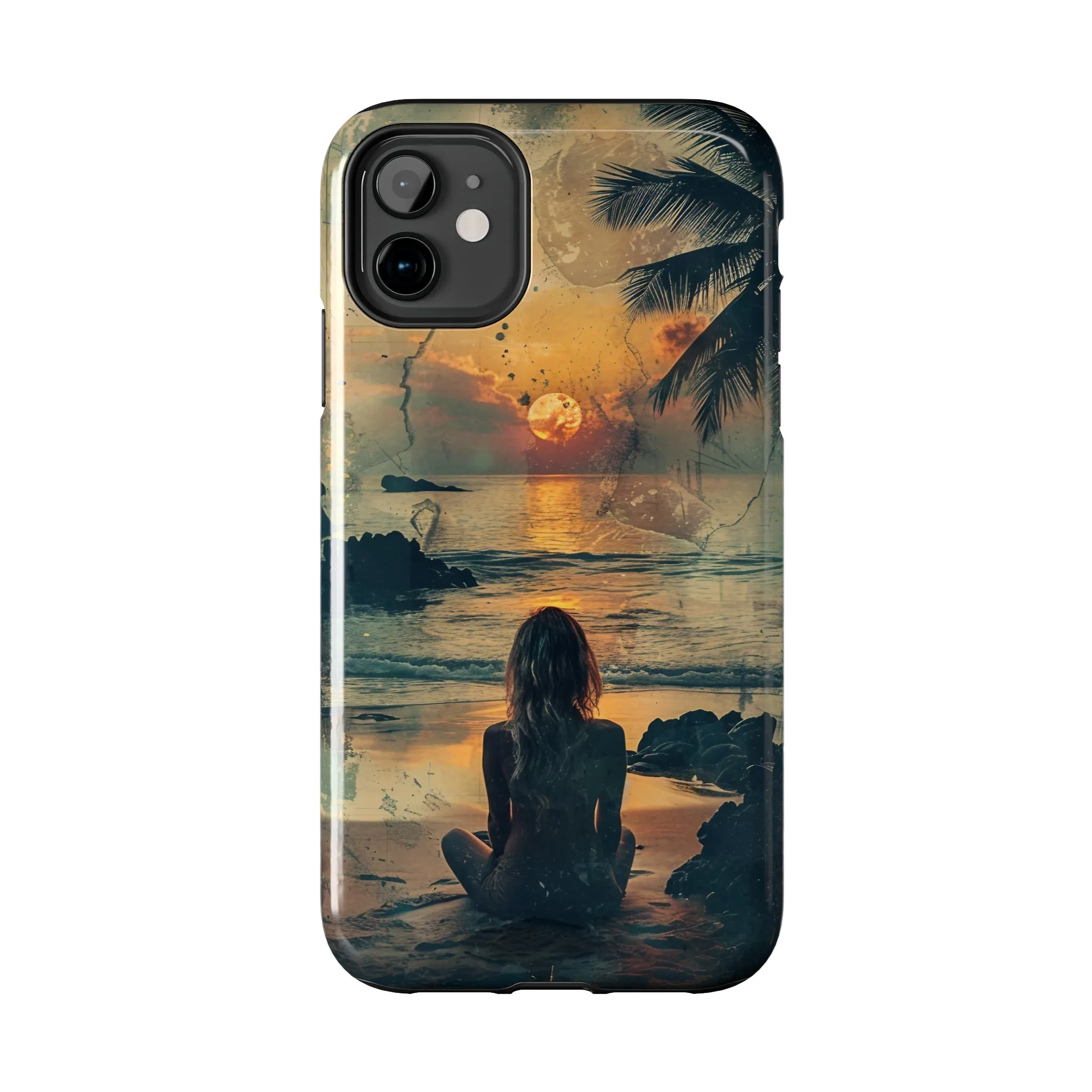 Vitage Tropical Sunset Beach Scene, iPhone Case, Aesthetic Ocean View with Palm Trees, Tranquil Nature Vibes Protective Cover, Tough iPhone Case