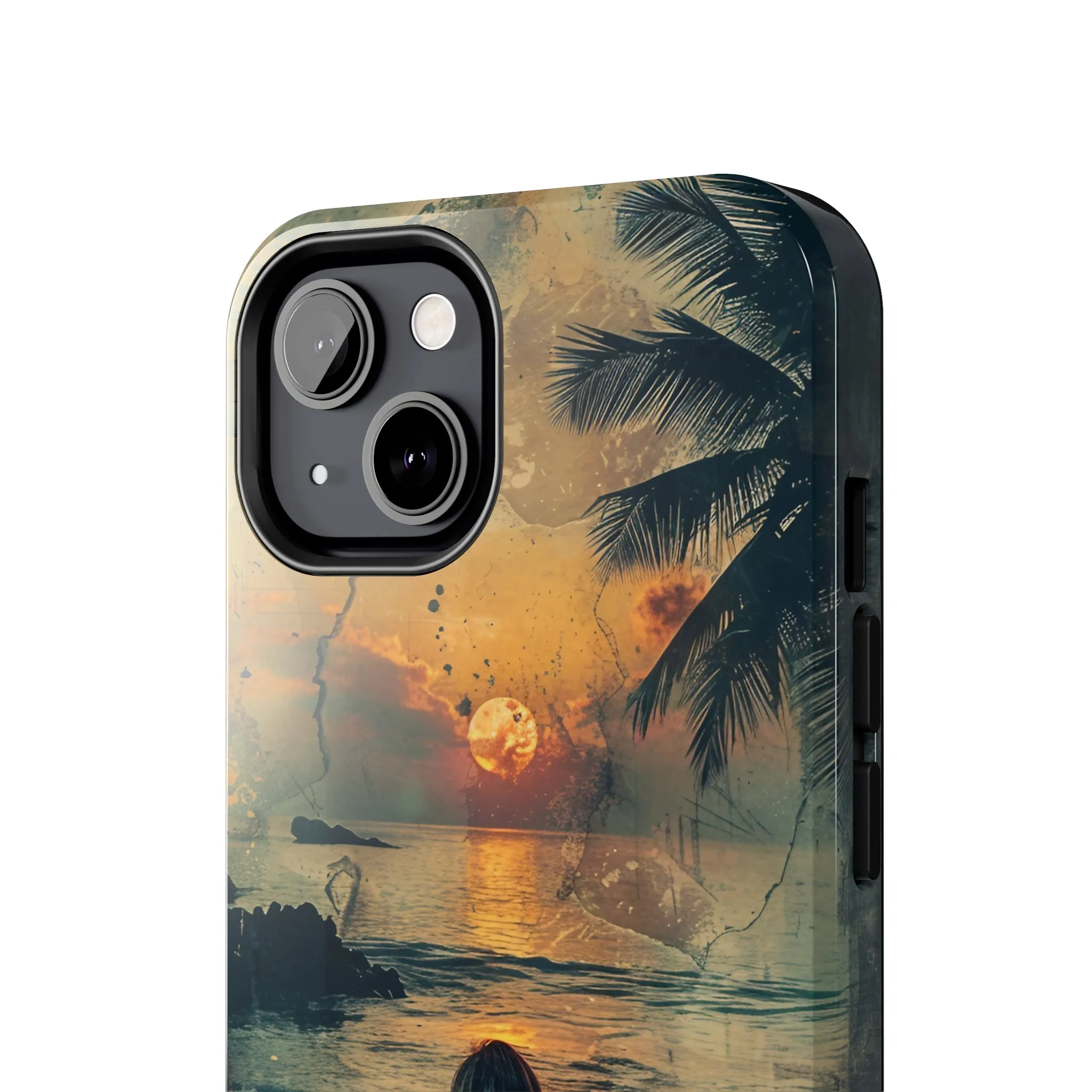 Vitage Tropical Sunset Beach Scene, iPhone Case, Aesthetic Ocean View with Palm Trees, Tranquil Nature Vibes Protective Cover, Tough iPhone Case