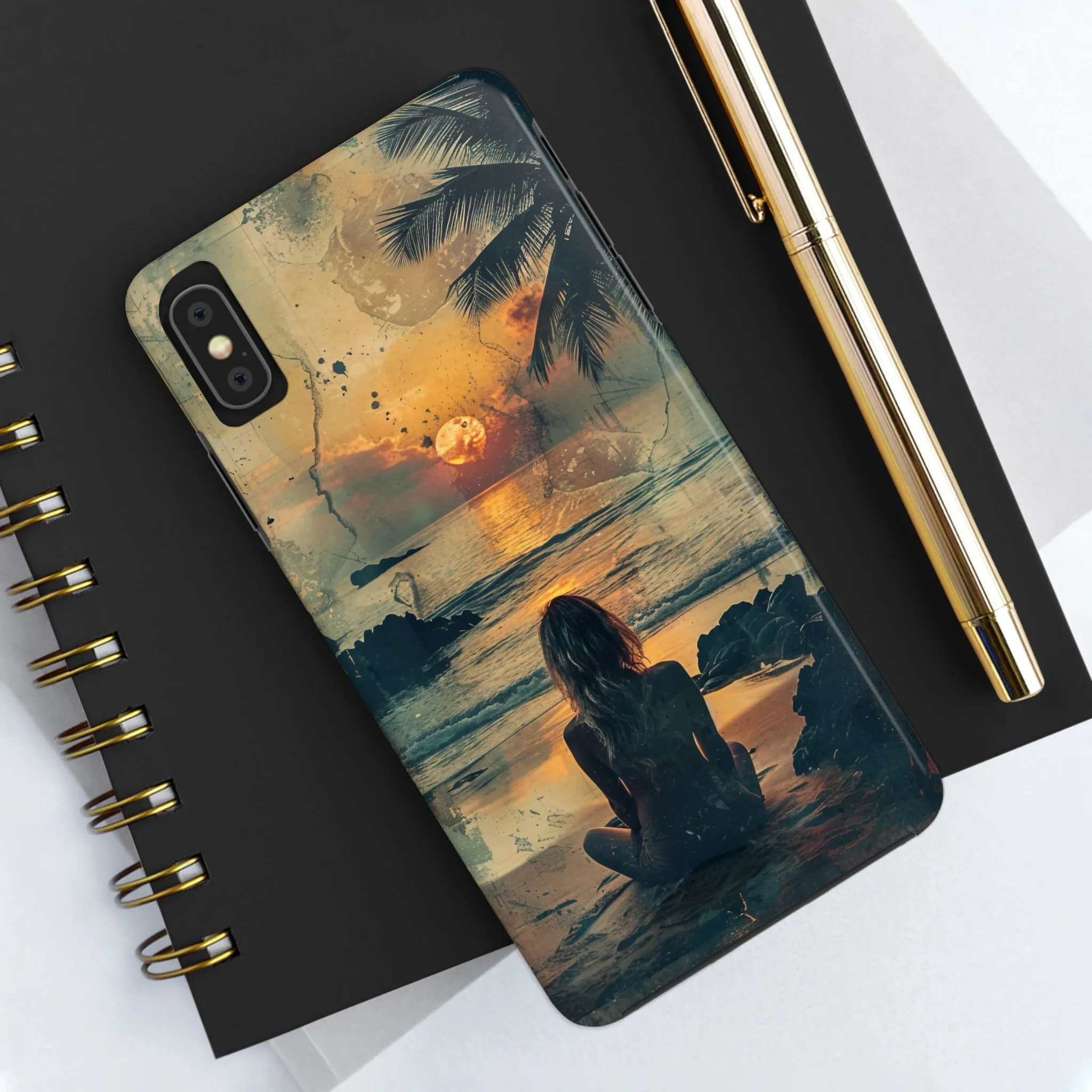 Vitage Tropical Sunset Beach Scene, iPhone Case, Aesthetic Ocean View with Palm Trees, Tranquil Nature Vibes Protective Cover, Tough iPhone Case