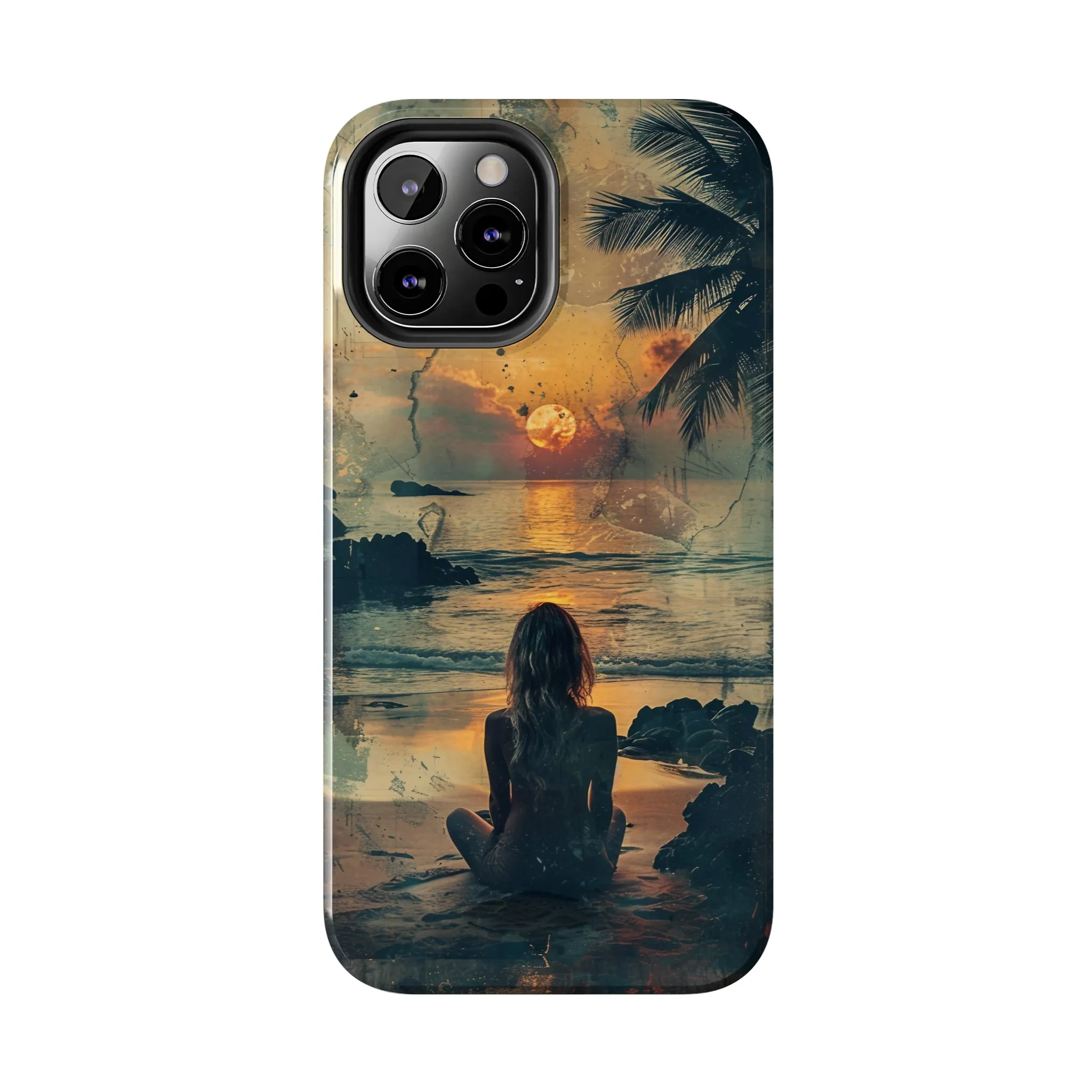 Vitage Tropical Sunset Beach Scene, iPhone Case, Aesthetic Ocean View with Palm Trees, Tranquil Nature Vibes Protective Cover, Tough iPhone Case