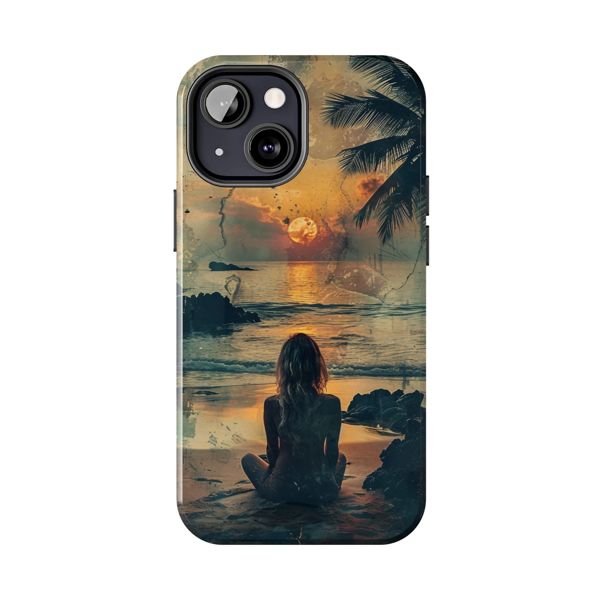 Vitage Tropical Sunset Beach Scene, iPhone Case, Aesthetic Ocean View with Palm Trees, Tranquil Nature Vibes Protective Cover, Tough iPhone Case