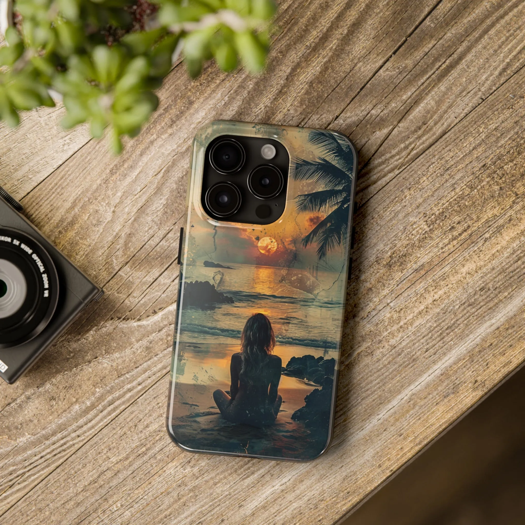 Vitage Tropical Sunset Beach Scene, iPhone Case, Aesthetic Ocean View with Palm Trees, Tranquil Nature Vibes Protective Cover, Tough iPhone Case