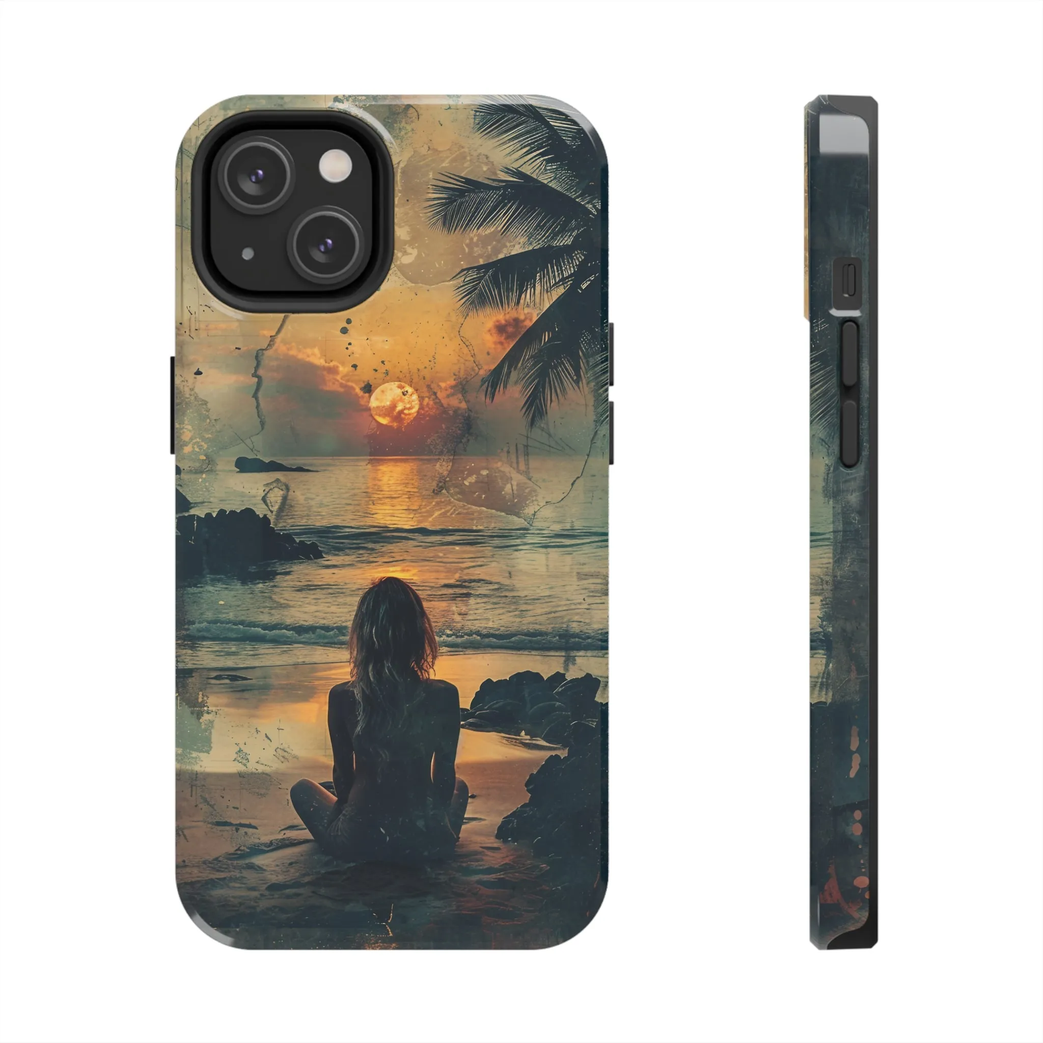 Vitage Tropical Sunset Beach Scene, iPhone Case, Aesthetic Ocean View with Palm Trees, Tranquil Nature Vibes Protective Cover, Tough iPhone Case