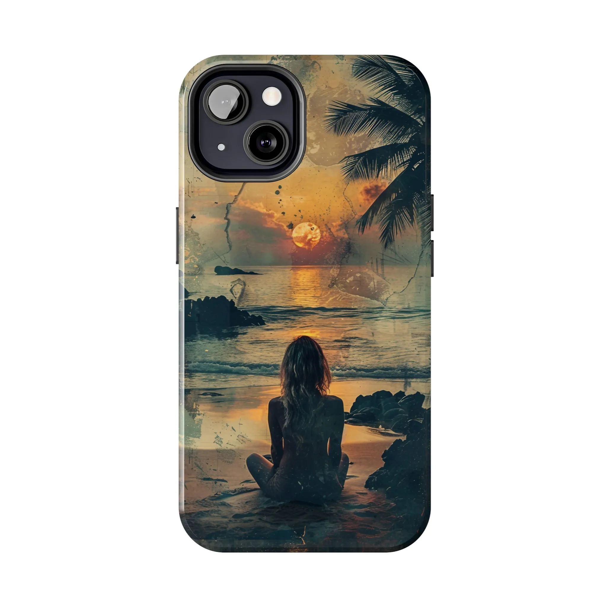 Vitage Tropical Sunset Beach Scene, iPhone Case, Aesthetic Ocean View with Palm Trees, Tranquil Nature Vibes Protective Cover, Tough iPhone Case