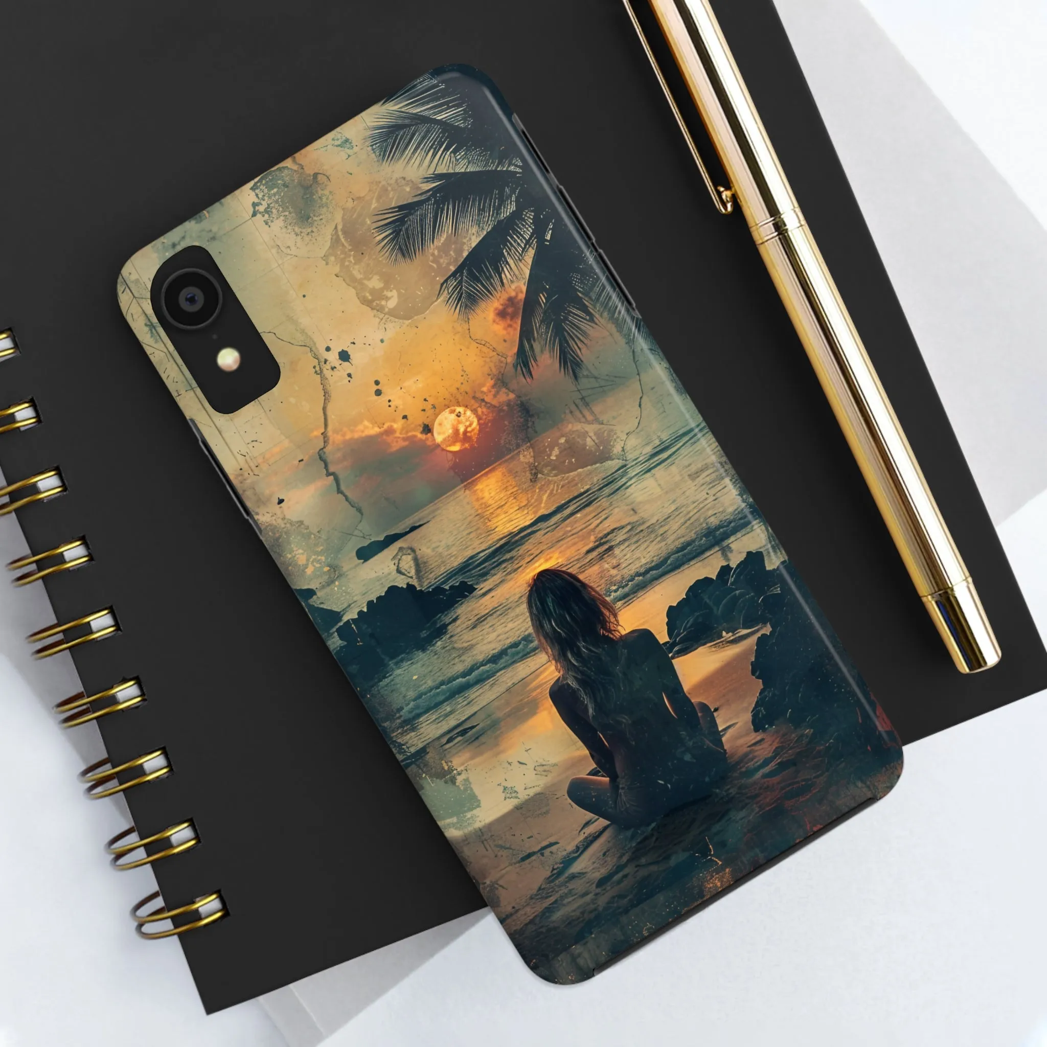 Vitage Tropical Sunset Beach Scene, iPhone Case, Aesthetic Ocean View with Palm Trees, Tranquil Nature Vibes Protective Cover, Tough iPhone Case