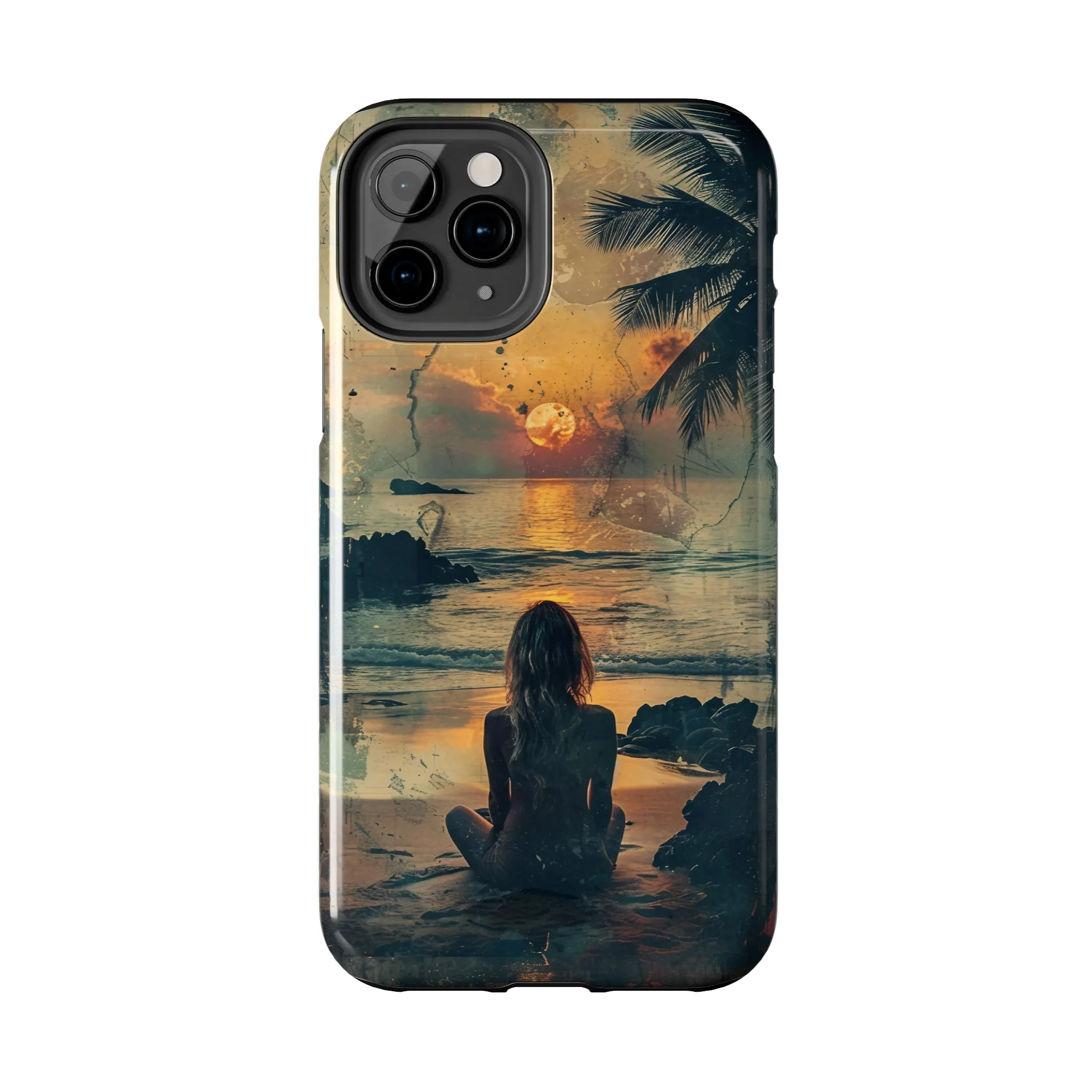 Vitage Tropical Sunset Beach Scene, iPhone Case, Aesthetic Ocean View with Palm Trees, Tranquil Nature Vibes Protective Cover, Tough iPhone Case