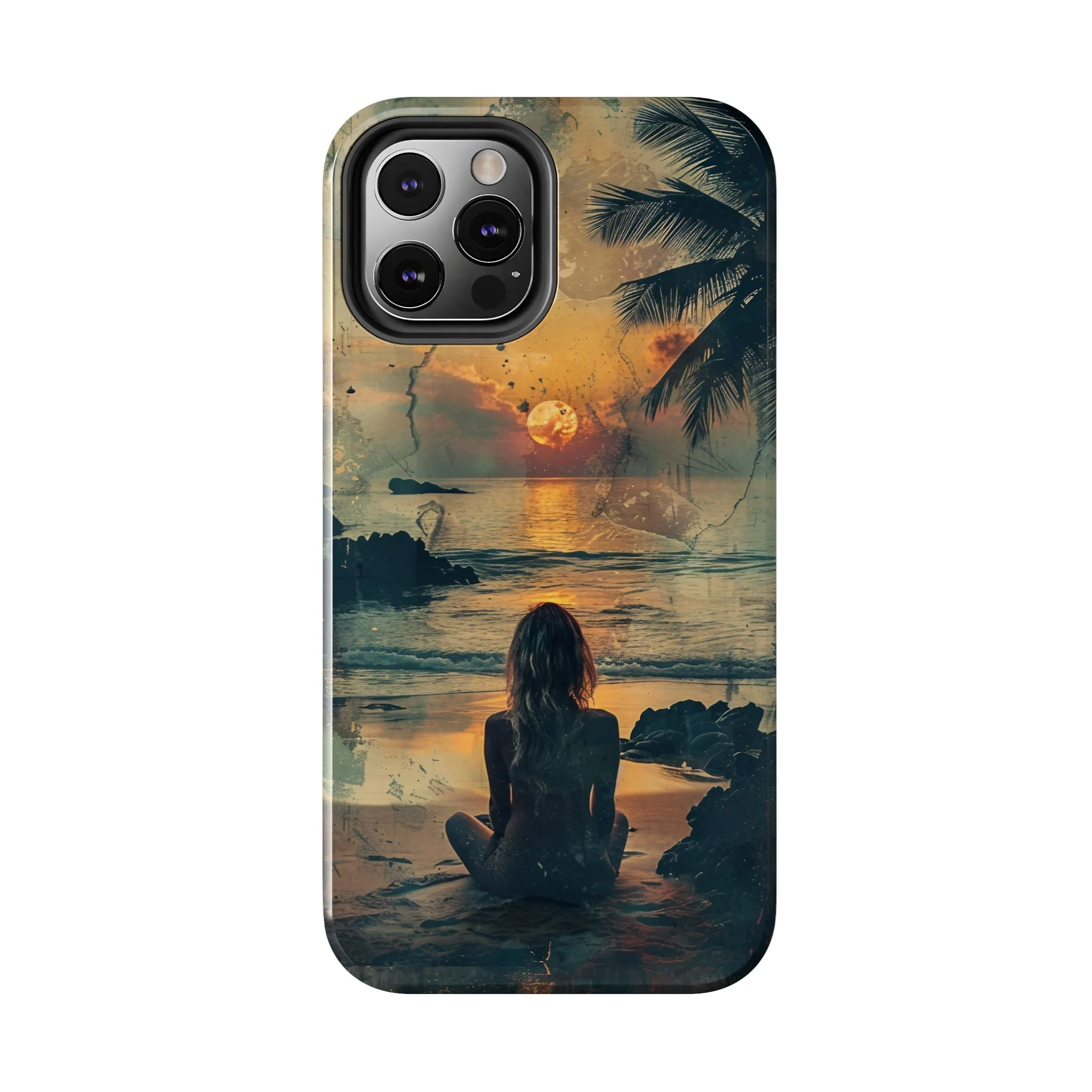 Vitage Tropical Sunset Beach Scene, iPhone Case, Aesthetic Ocean View with Palm Trees, Tranquil Nature Vibes Protective Cover, Tough iPhone Case