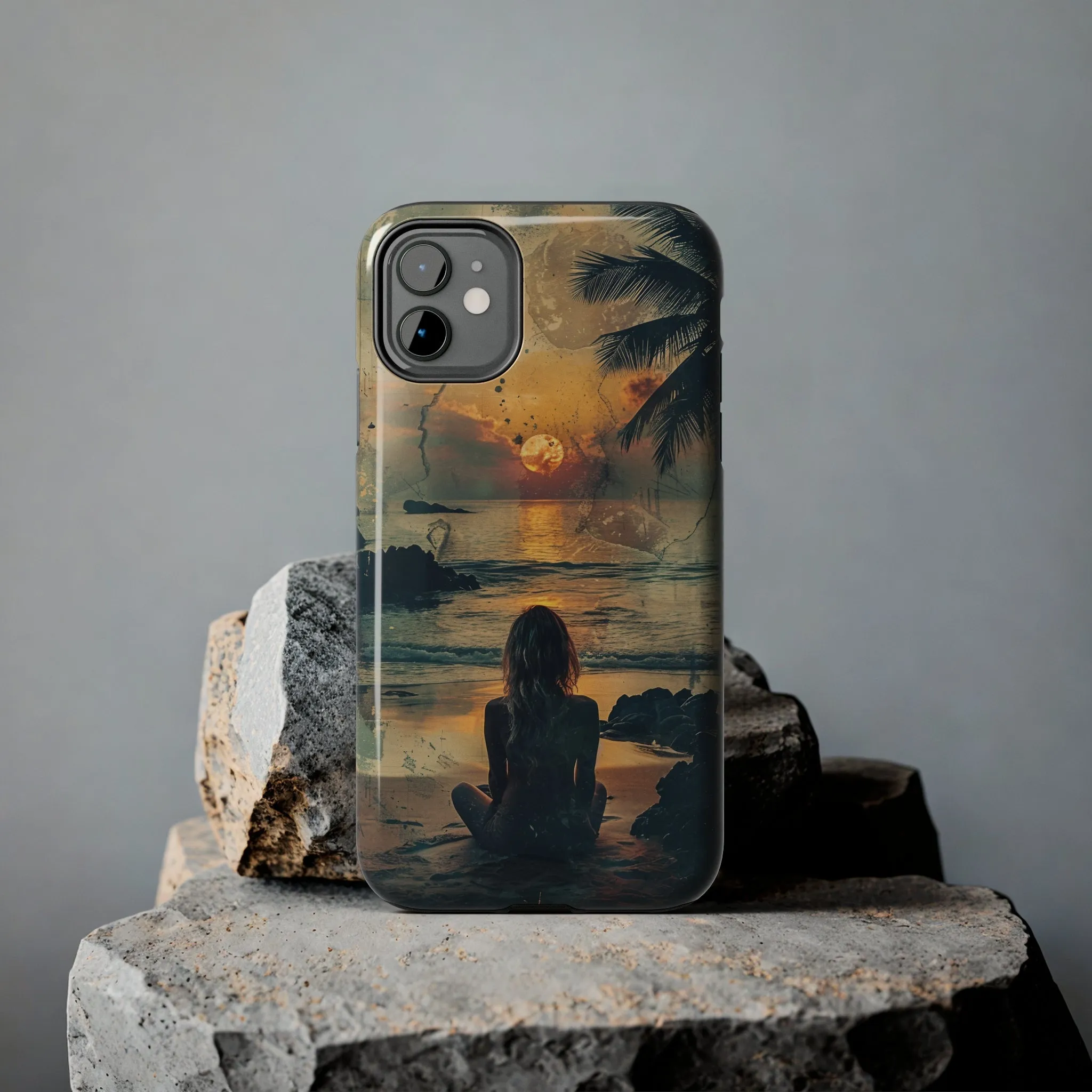 Vitage Tropical Sunset Beach Scene, iPhone Case, Aesthetic Ocean View with Palm Trees, Tranquil Nature Vibes Protective Cover, Tough iPhone Case