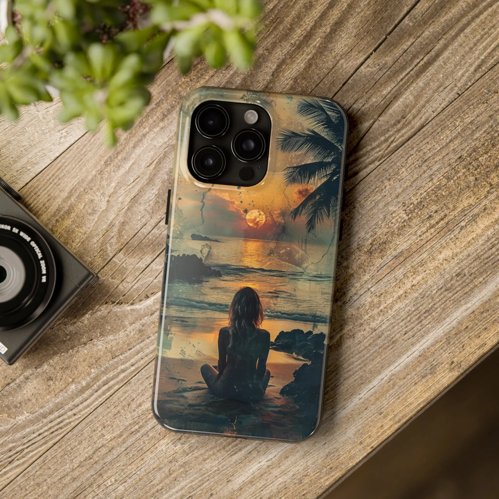 Vitage Tropical Sunset Beach Scene, iPhone Case, Aesthetic Ocean View with Palm Trees, Tranquil Nature Vibes Protective Cover, Tough iPhone Case