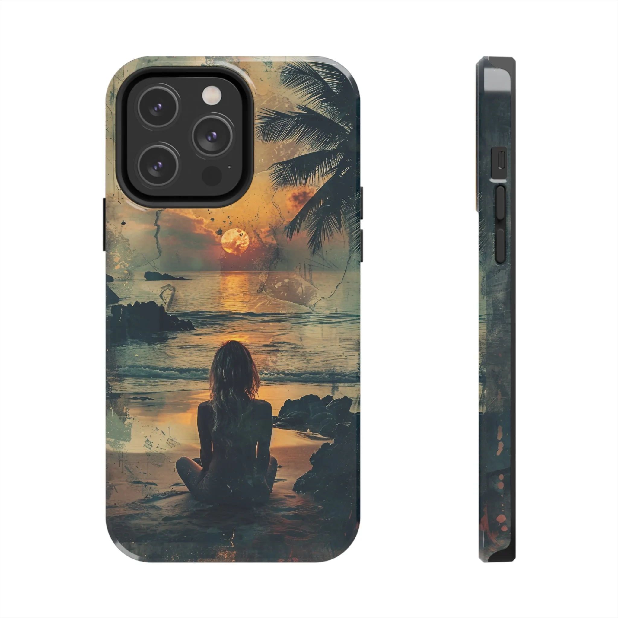 Vitage Tropical Sunset Beach Scene, iPhone Case, Aesthetic Ocean View with Palm Trees, Tranquil Nature Vibes Protective Cover, Tough iPhone Case