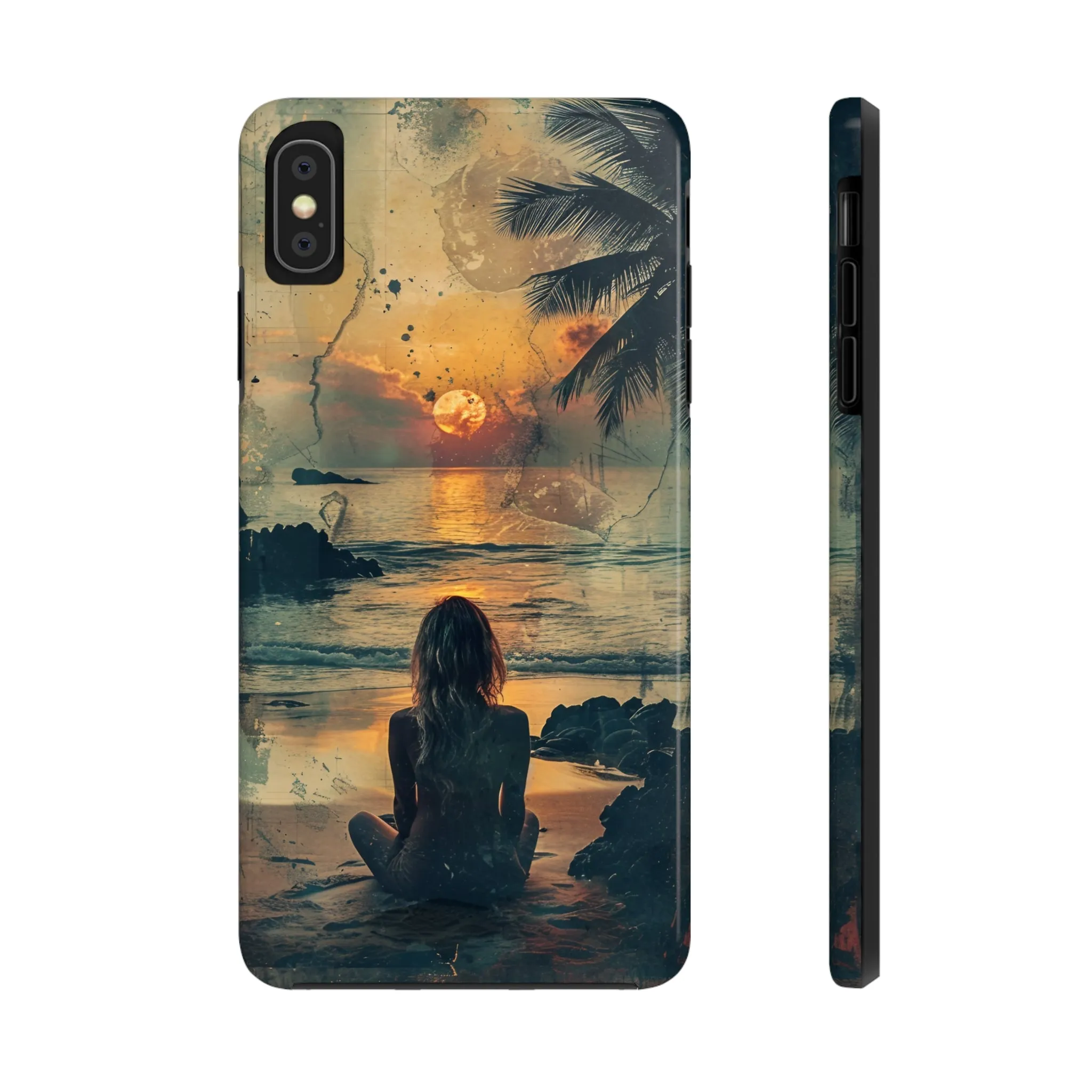 Vitage Tropical Sunset Beach Scene, iPhone Case, Aesthetic Ocean View with Palm Trees, Tranquil Nature Vibes Protective Cover, Tough iPhone Case