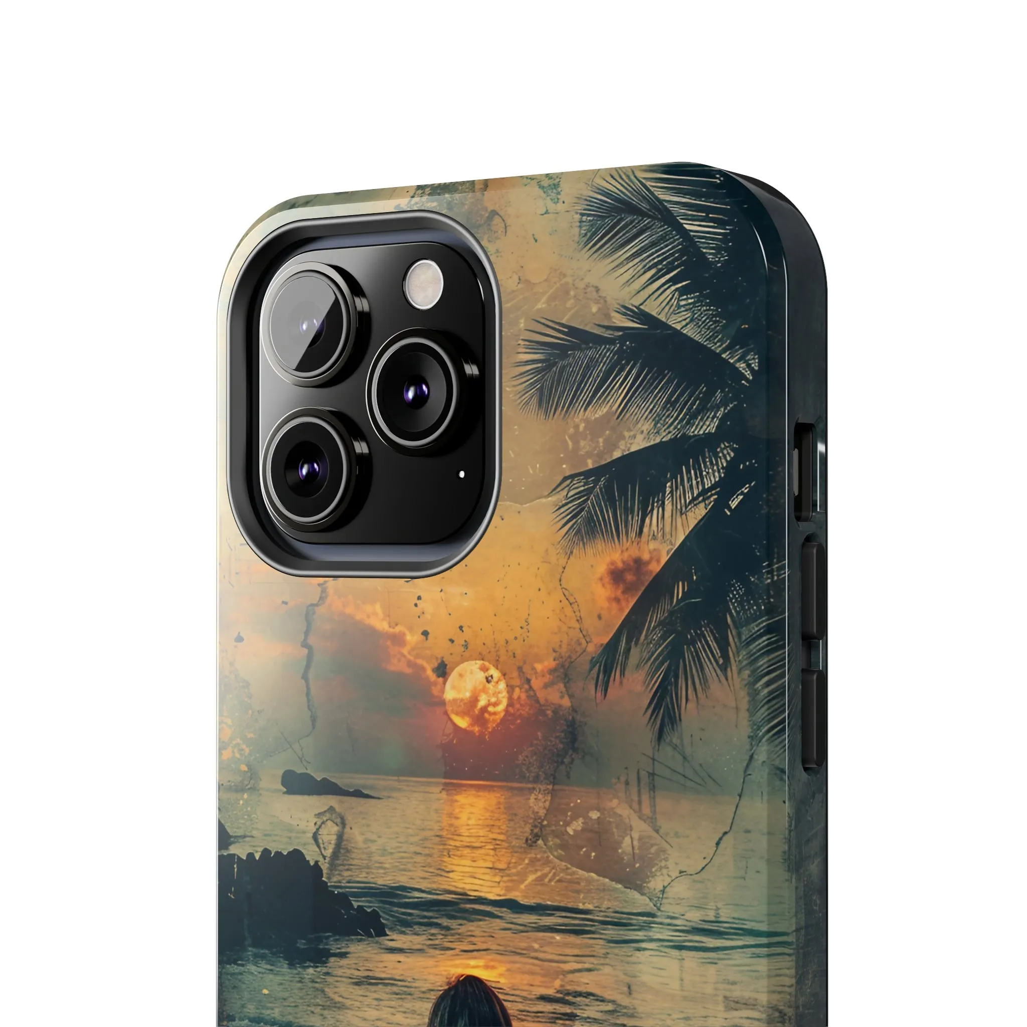 Vitage Tropical Sunset Beach Scene, iPhone Case, Aesthetic Ocean View with Palm Trees, Tranquil Nature Vibes Protective Cover, Tough iPhone Case