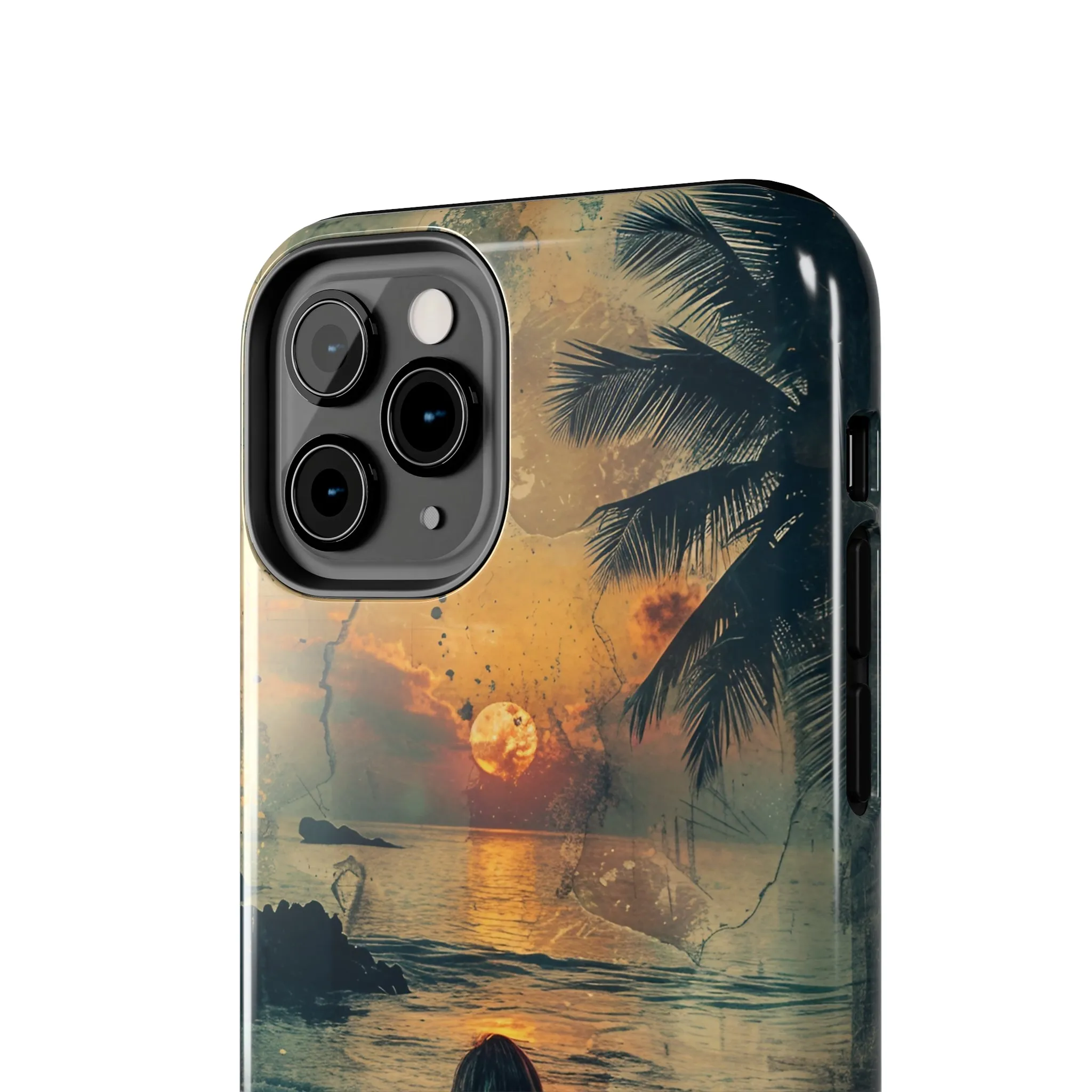 Vitage Tropical Sunset Beach Scene, iPhone Case, Aesthetic Ocean View with Palm Trees, Tranquil Nature Vibes Protective Cover, Tough iPhone Case