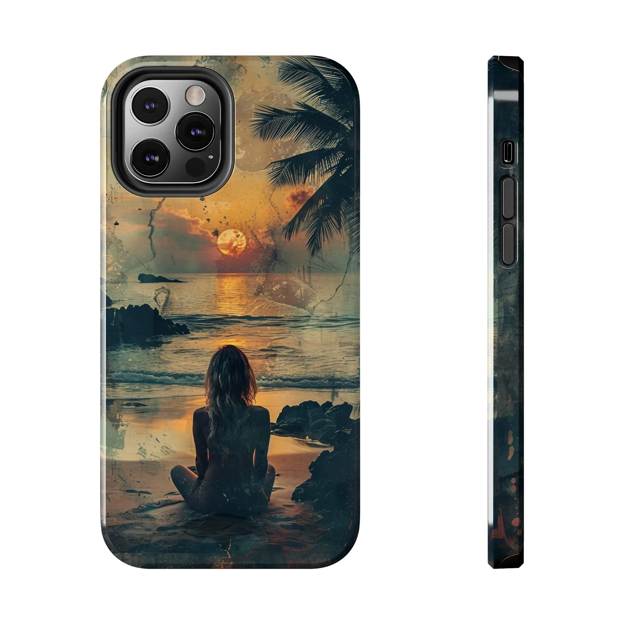 Vitage Tropical Sunset Beach Scene, iPhone Case, Aesthetic Ocean View with Palm Trees, Tranquil Nature Vibes Protective Cover, Tough iPhone Case