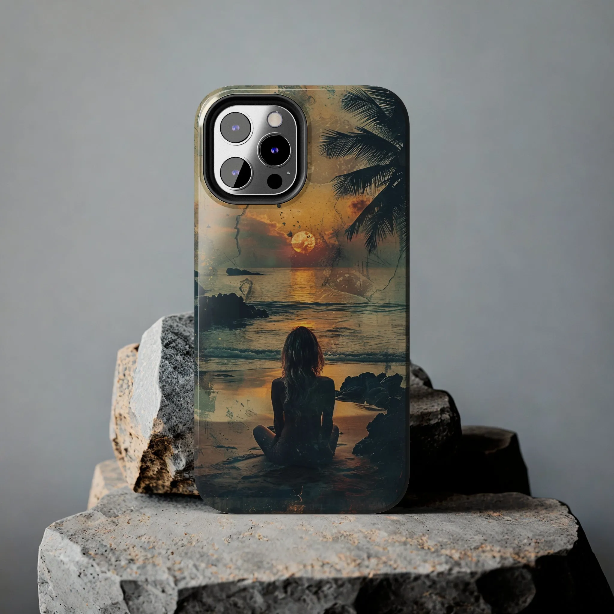 Vitage Tropical Sunset Beach Scene, iPhone Case, Aesthetic Ocean View with Palm Trees, Tranquil Nature Vibes Protective Cover, Tough iPhone Case