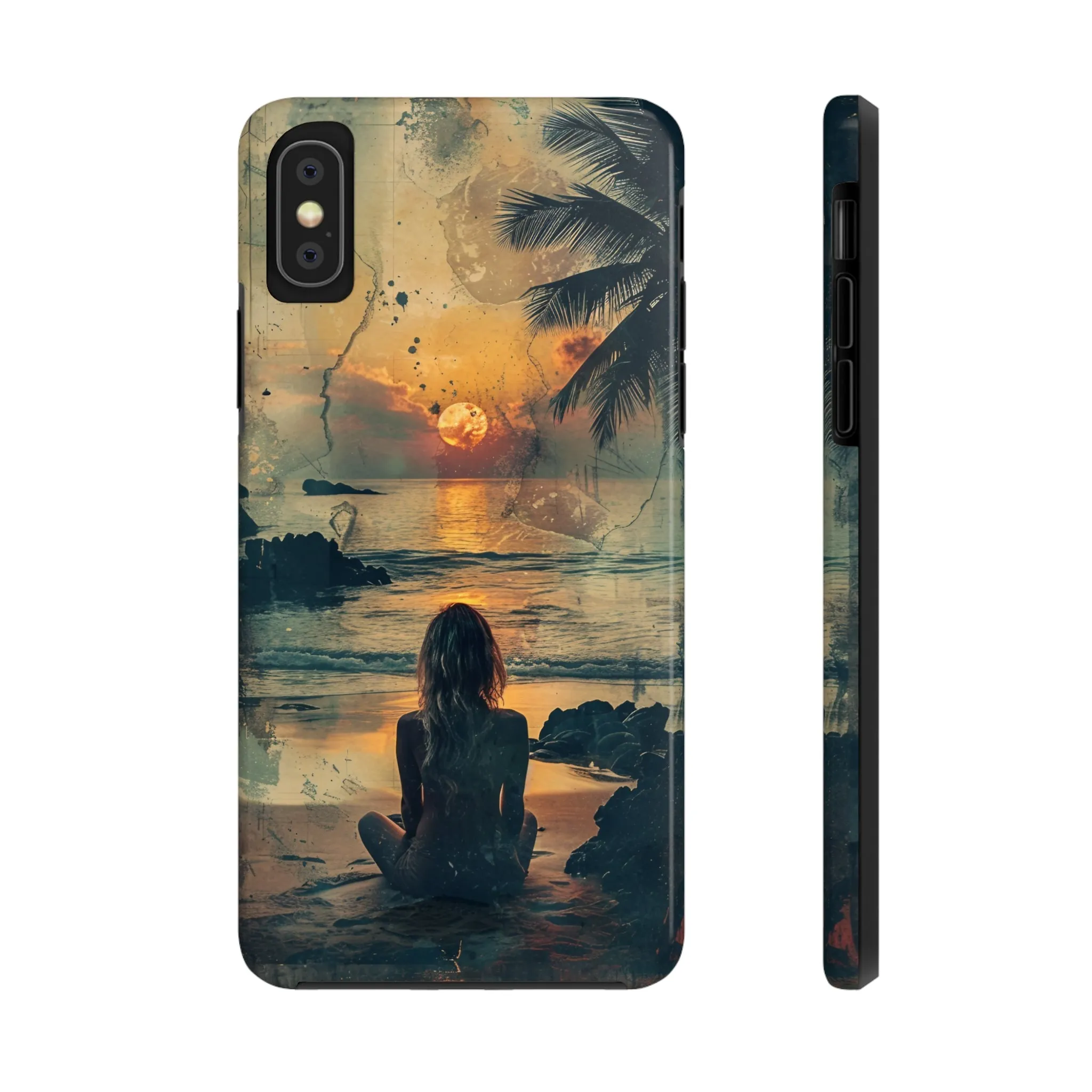 Vitage Tropical Sunset Beach Scene, iPhone Case, Aesthetic Ocean View with Palm Trees, Tranquil Nature Vibes Protective Cover, Tough iPhone Case