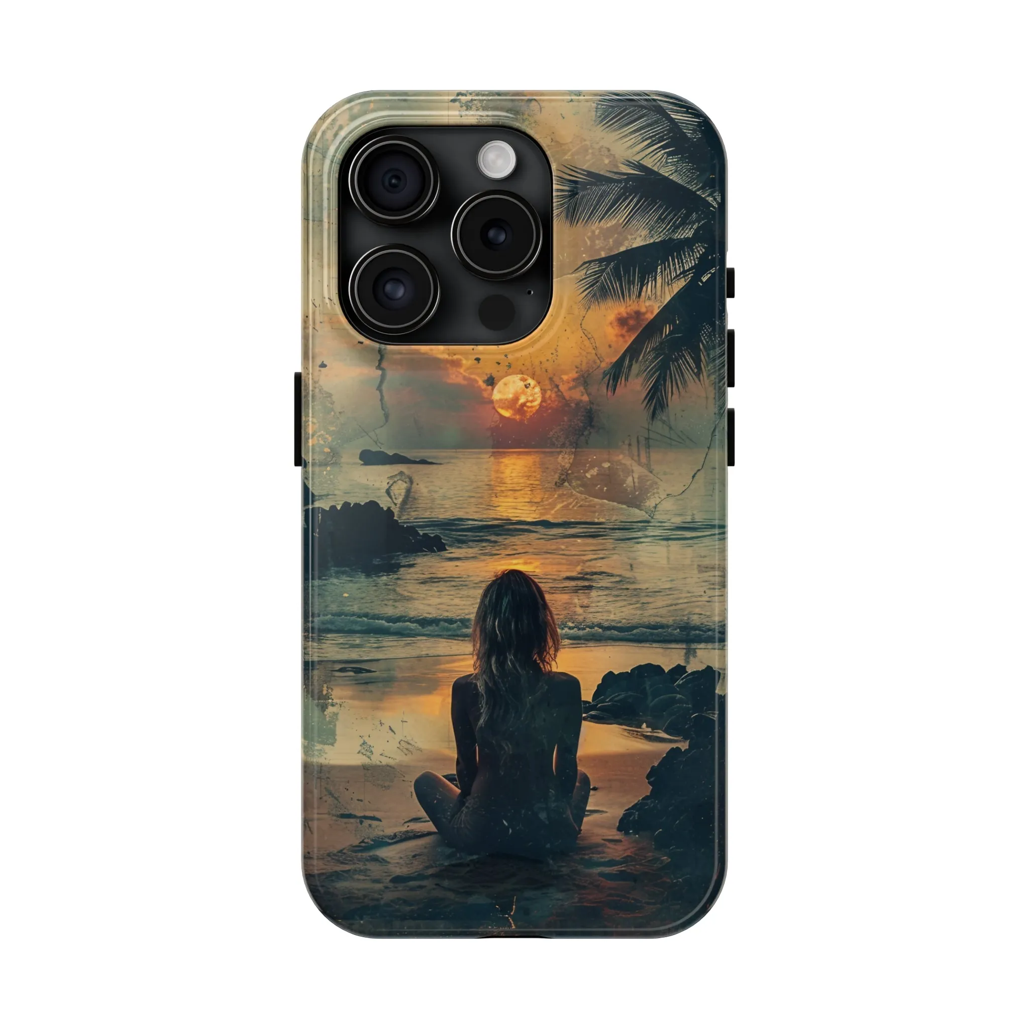 Vitage Tropical Sunset Beach Scene, iPhone Case, Aesthetic Ocean View with Palm Trees, Tranquil Nature Vibes Protective Cover, Tough iPhone Case