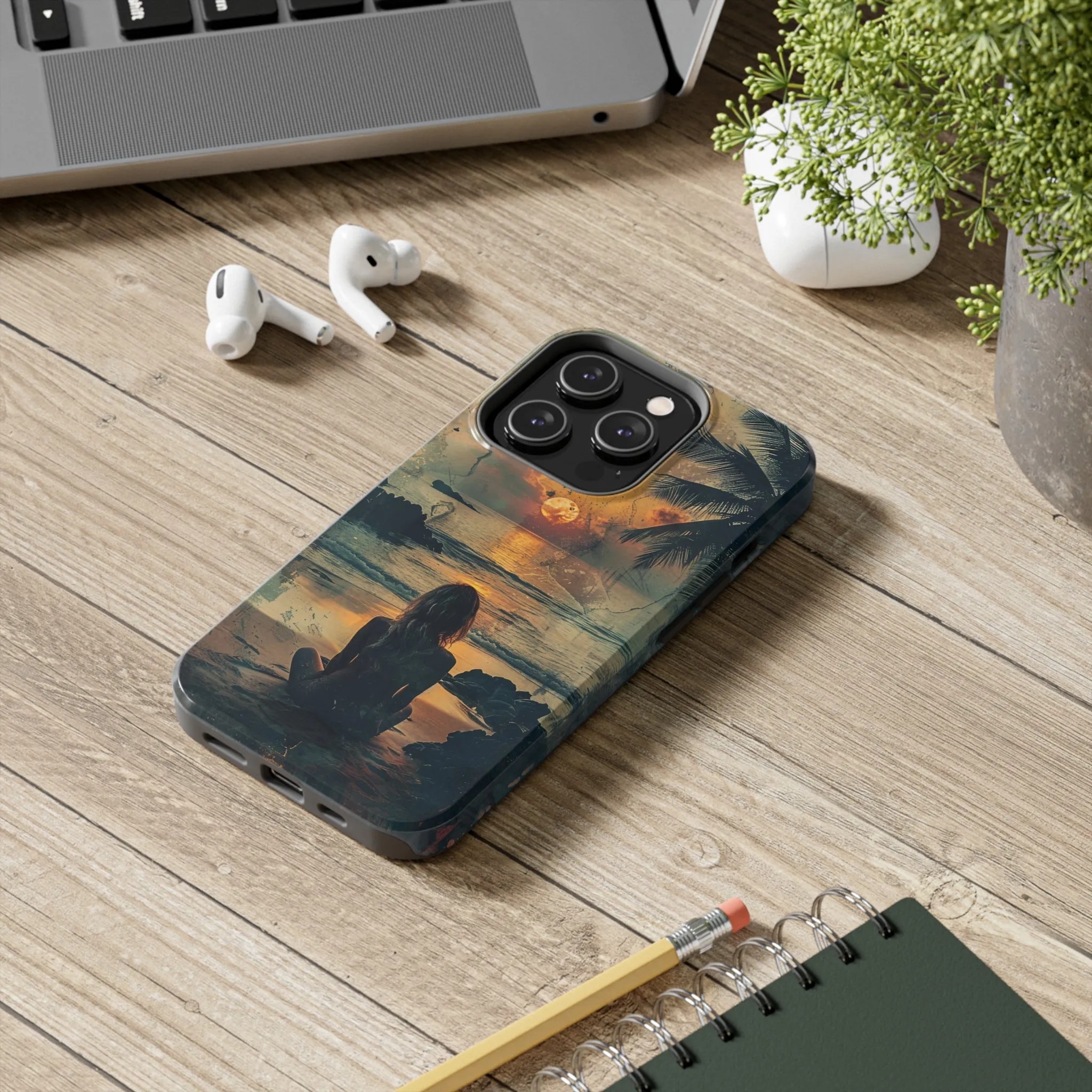 Vitage Tropical Sunset Beach Scene, iPhone Case, Aesthetic Ocean View with Palm Trees, Tranquil Nature Vibes Protective Cover, Tough iPhone Case