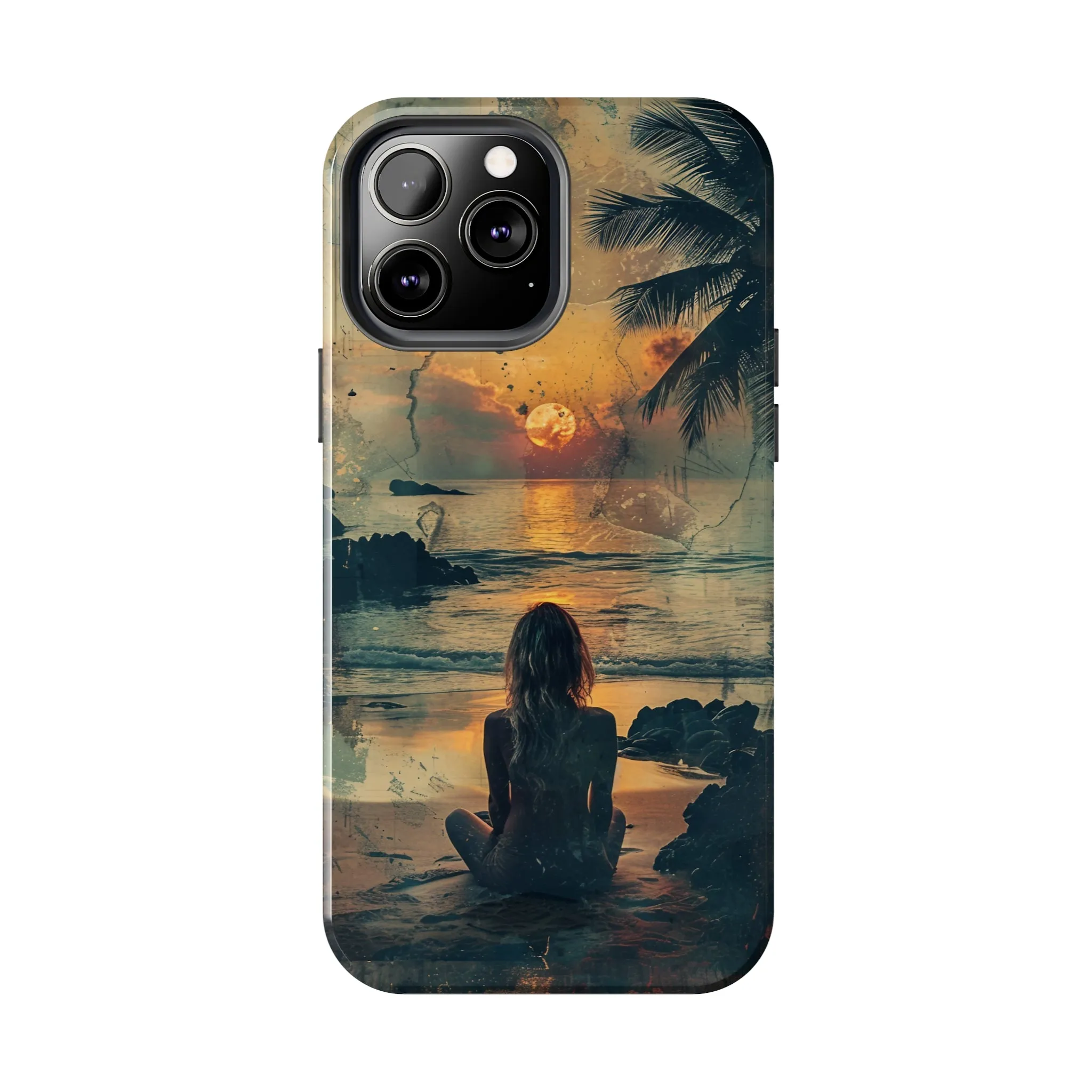 Vitage Tropical Sunset Beach Scene, iPhone Case, Aesthetic Ocean View with Palm Trees, Tranquil Nature Vibes Protective Cover, Tough iPhone Case