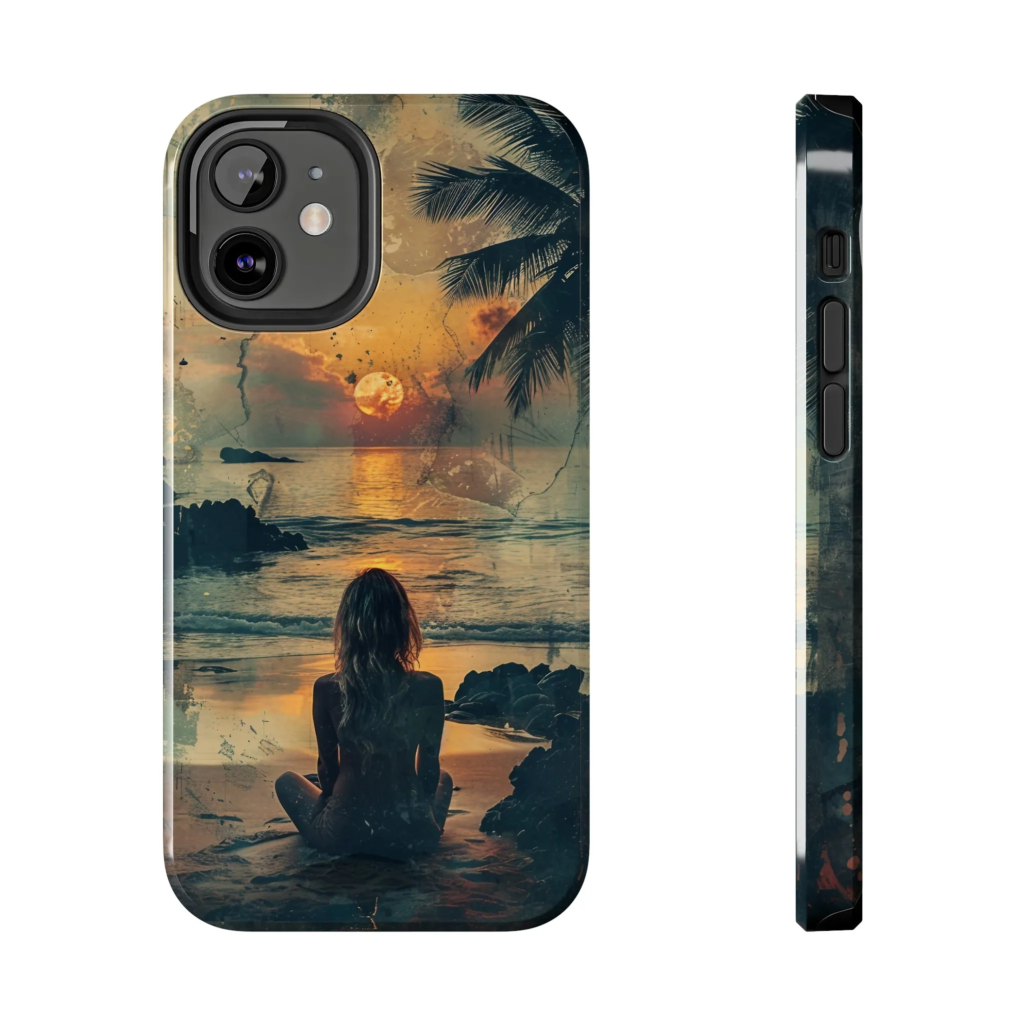 Vitage Tropical Sunset Beach Scene, iPhone Case, Aesthetic Ocean View with Palm Trees, Tranquil Nature Vibes Protective Cover, Tough iPhone Case