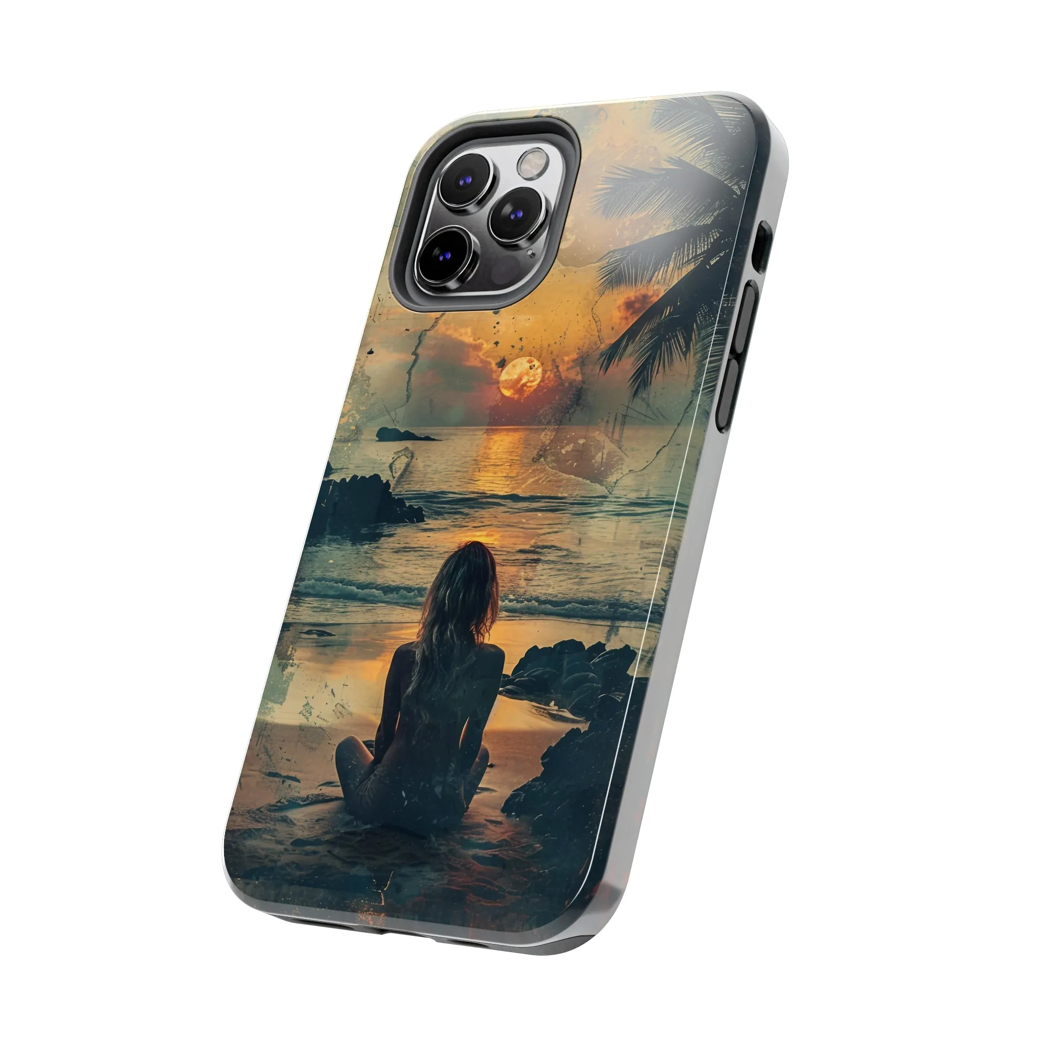 Vitage Tropical Sunset Beach Scene, iPhone Case, Aesthetic Ocean View with Palm Trees, Tranquil Nature Vibes Protective Cover, Tough iPhone Case