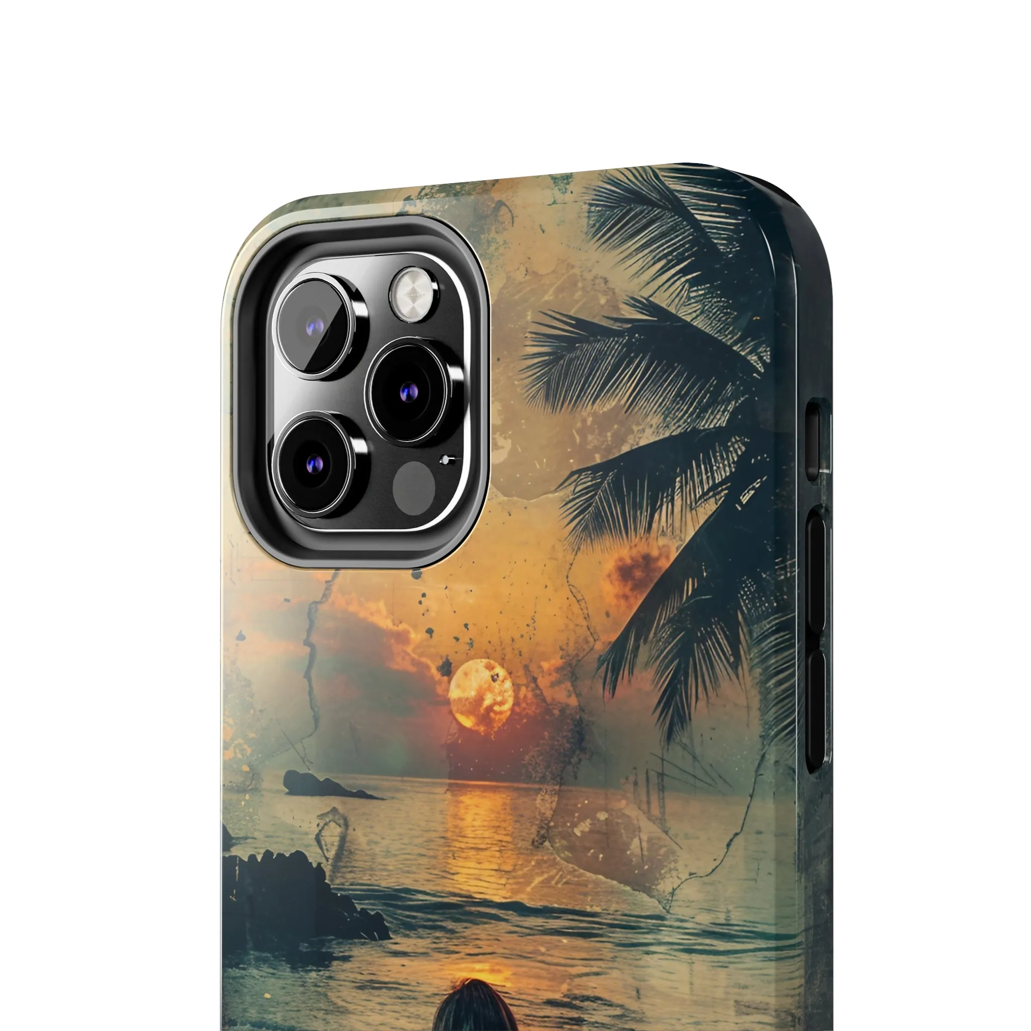 Vitage Tropical Sunset Beach Scene, iPhone Case, Aesthetic Ocean View with Palm Trees, Tranquil Nature Vibes Protective Cover, Tough iPhone Case