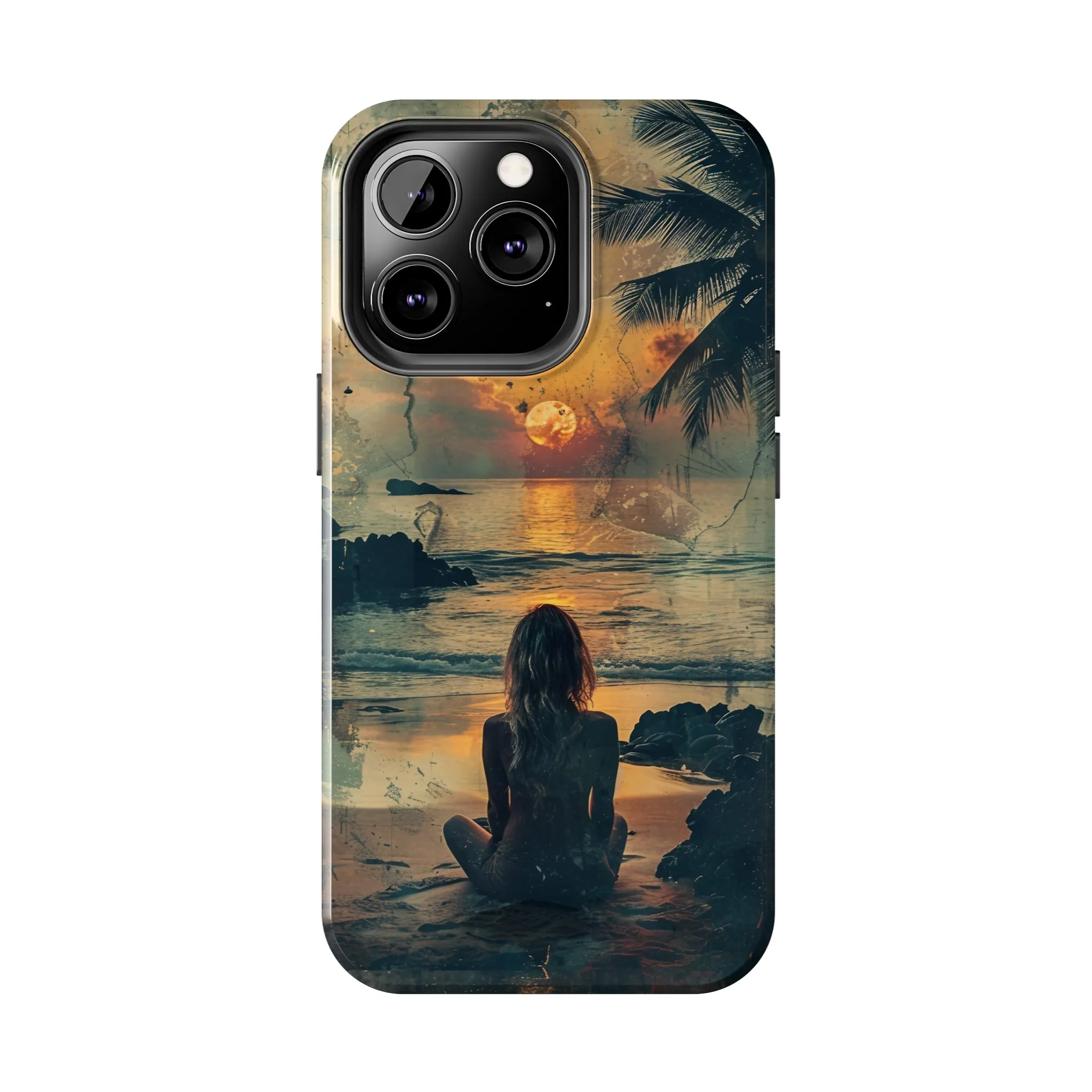 Vitage Tropical Sunset Beach Scene, iPhone Case, Aesthetic Ocean View with Palm Trees, Tranquil Nature Vibes Protective Cover, Tough iPhone Case