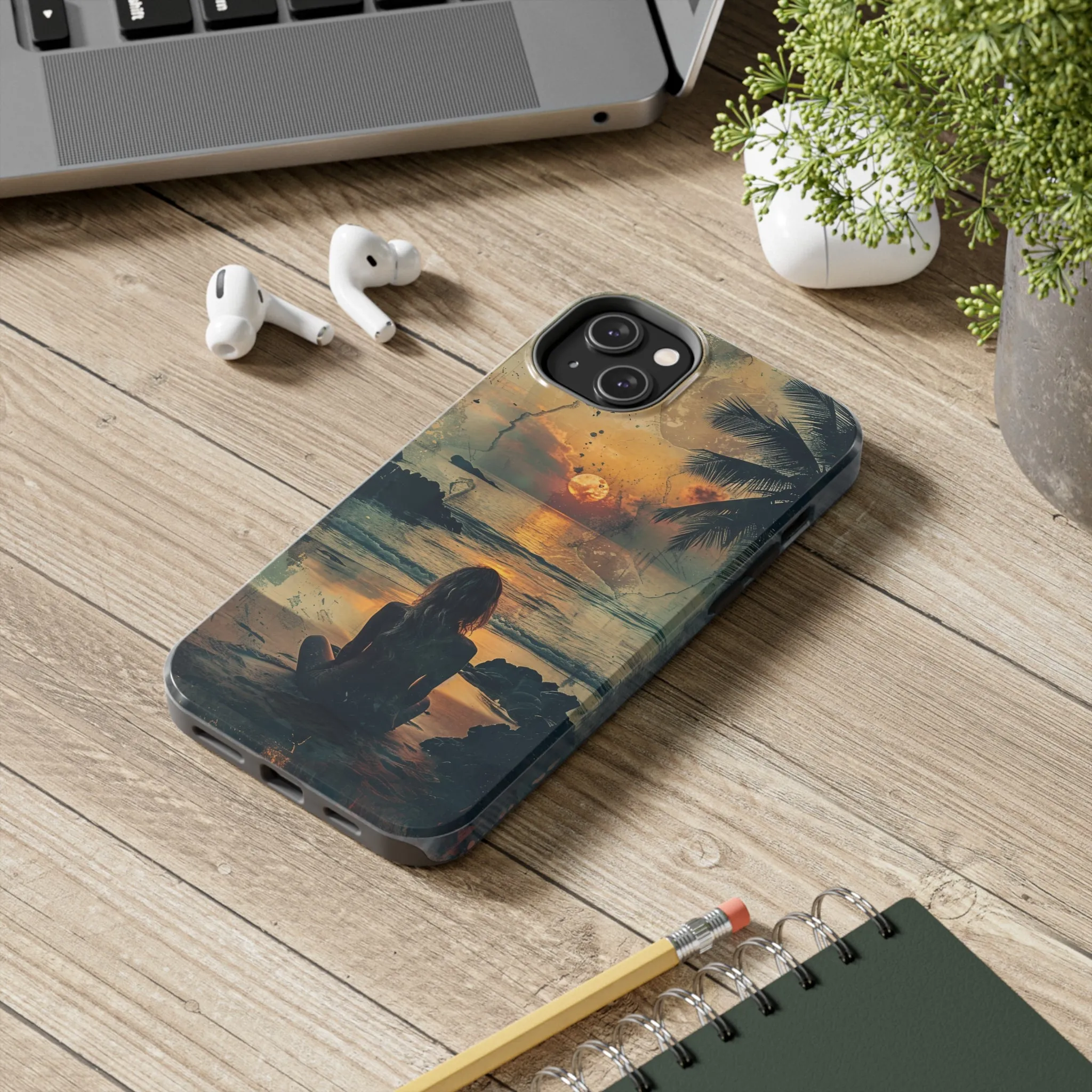 Vitage Tropical Sunset Beach Scene, iPhone Case, Aesthetic Ocean View with Palm Trees, Tranquil Nature Vibes Protective Cover, Tough iPhone Case