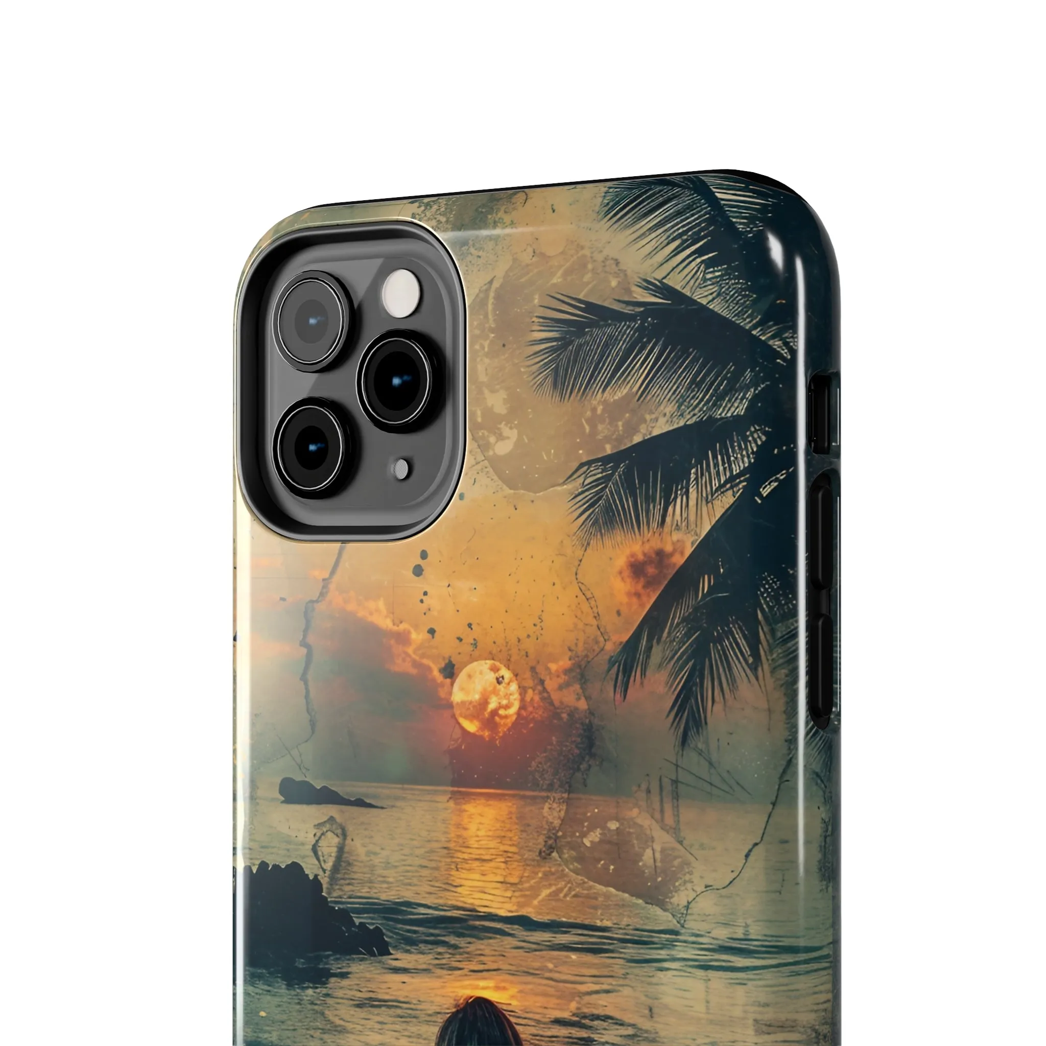 Vitage Tropical Sunset Beach Scene, iPhone Case, Aesthetic Ocean View with Palm Trees, Tranquil Nature Vibes Protective Cover, Tough iPhone Case