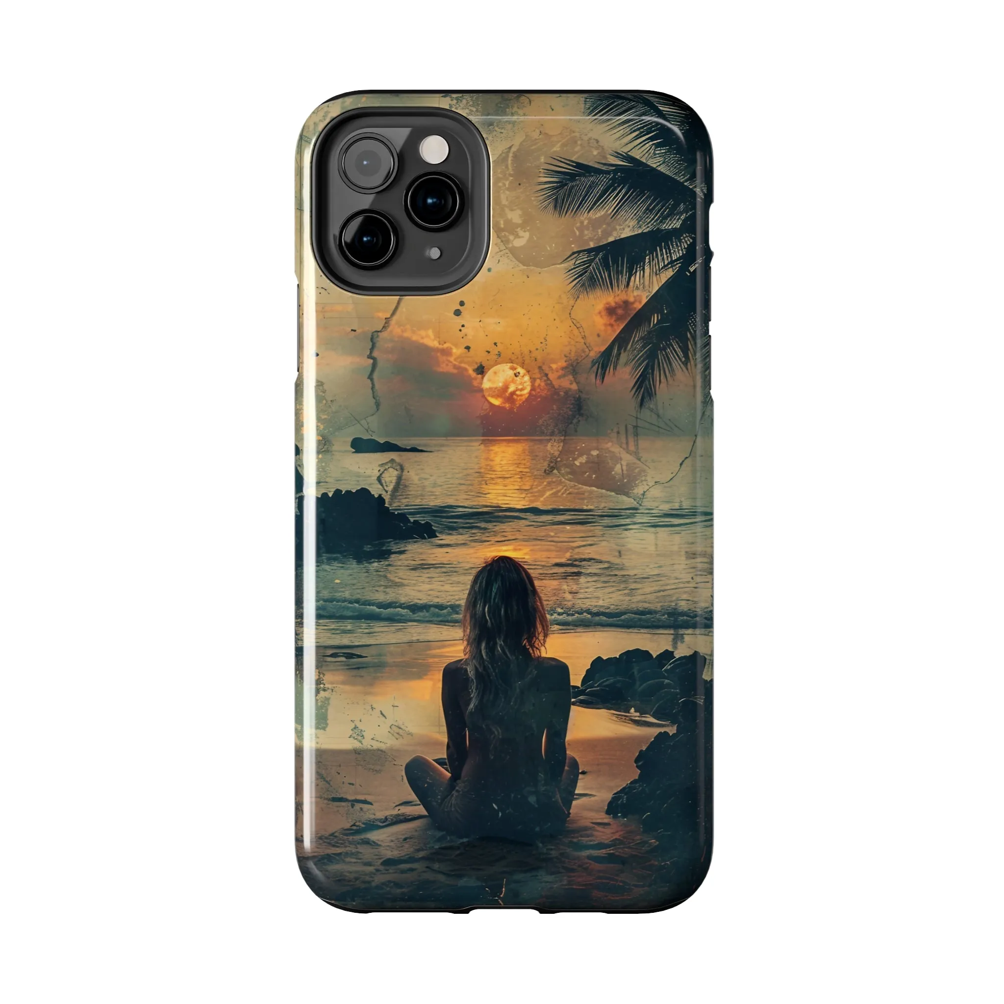 Vitage Tropical Sunset Beach Scene, iPhone Case, Aesthetic Ocean View with Palm Trees, Tranquil Nature Vibes Protective Cover, Tough iPhone Case