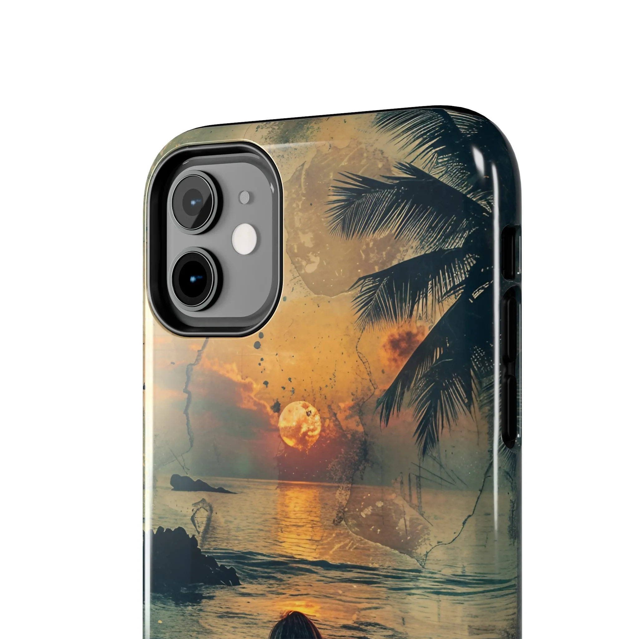 Vitage Tropical Sunset Beach Scene, iPhone Case, Aesthetic Ocean View with Palm Trees, Tranquil Nature Vibes Protective Cover, Tough iPhone Case