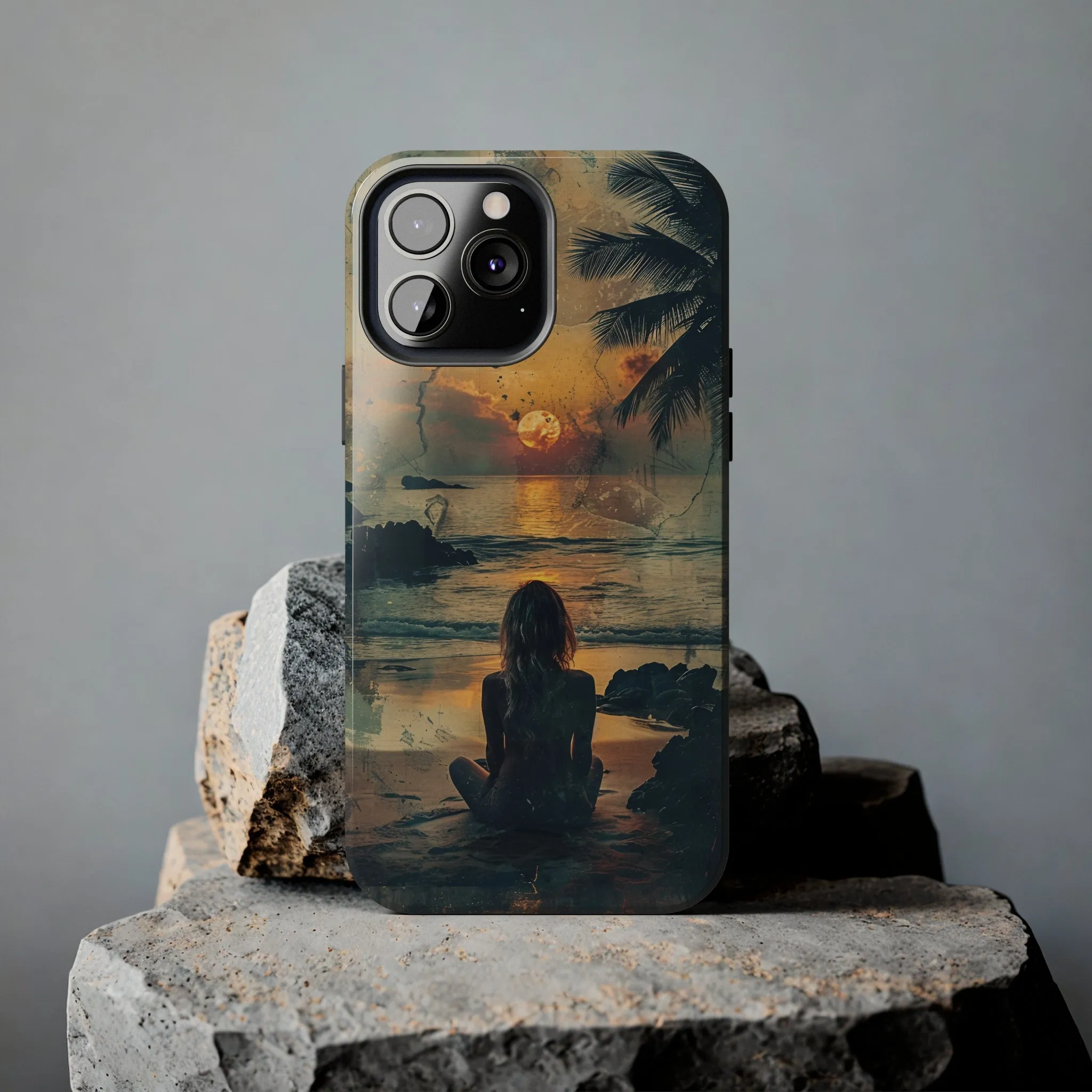 Vitage Tropical Sunset Beach Scene, iPhone Case, Aesthetic Ocean View with Palm Trees, Tranquil Nature Vibes Protective Cover, Tough iPhone Case