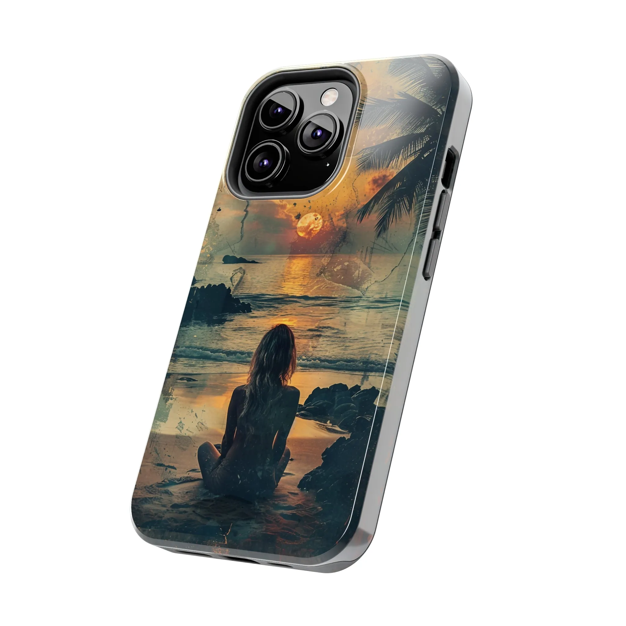 Vitage Tropical Sunset Beach Scene, iPhone Case, Aesthetic Ocean View with Palm Trees, Tranquil Nature Vibes Protective Cover, Tough iPhone Case