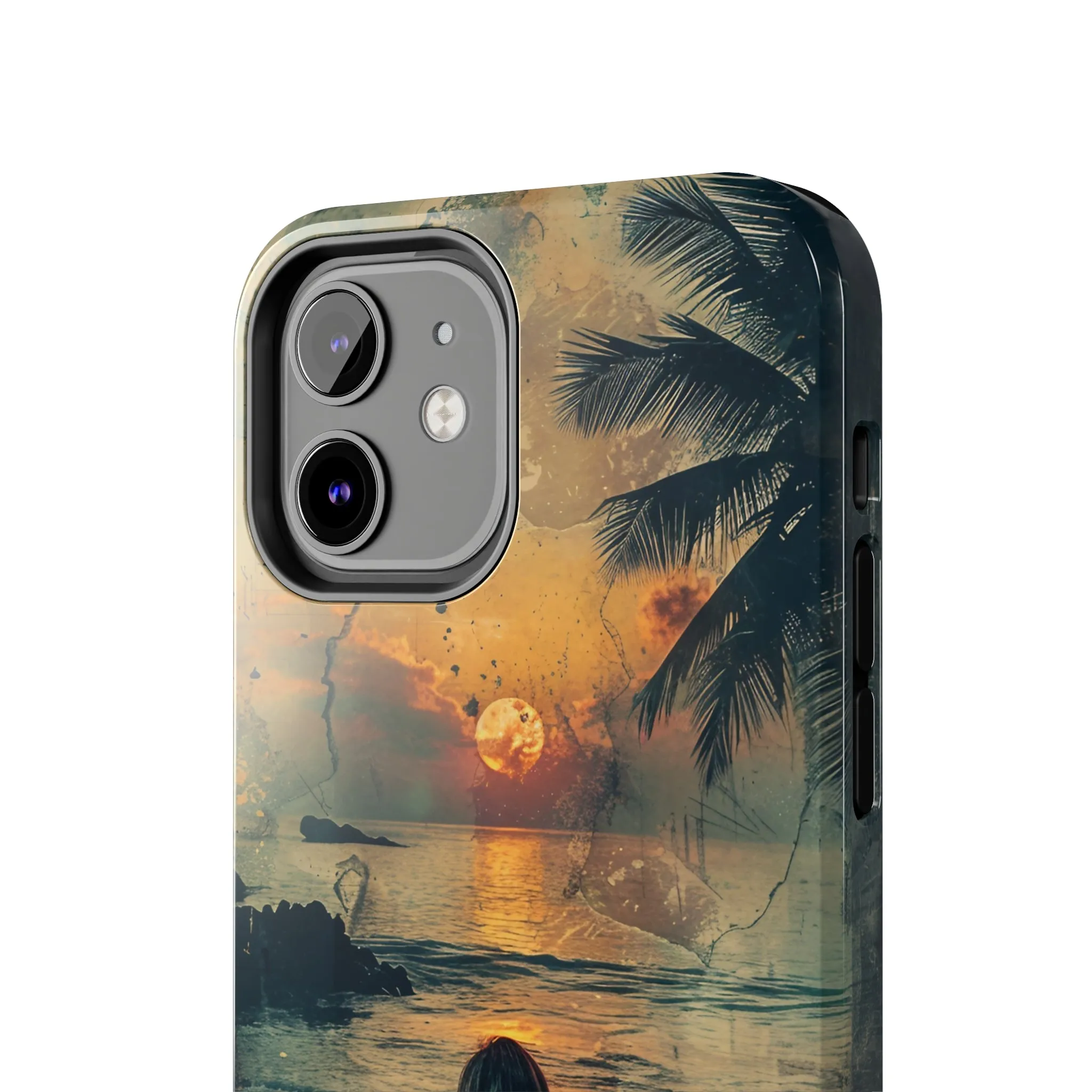 Vitage Tropical Sunset Beach Scene, iPhone Case, Aesthetic Ocean View with Palm Trees, Tranquil Nature Vibes Protective Cover, Tough iPhone Case