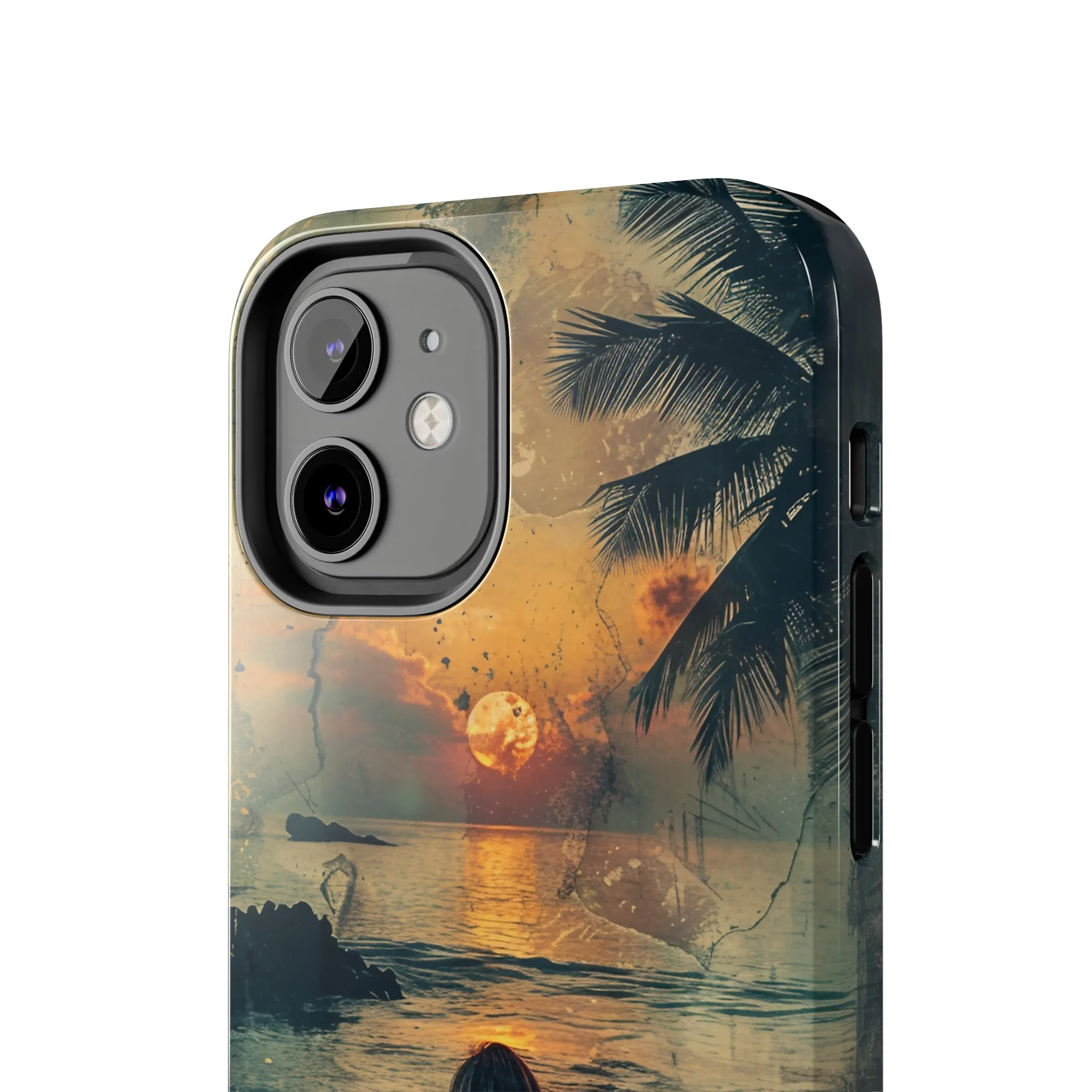 Vitage Tropical Sunset Beach Scene, iPhone Case, Aesthetic Ocean View with Palm Trees, Tranquil Nature Vibes Protective Cover, Tough iPhone Case