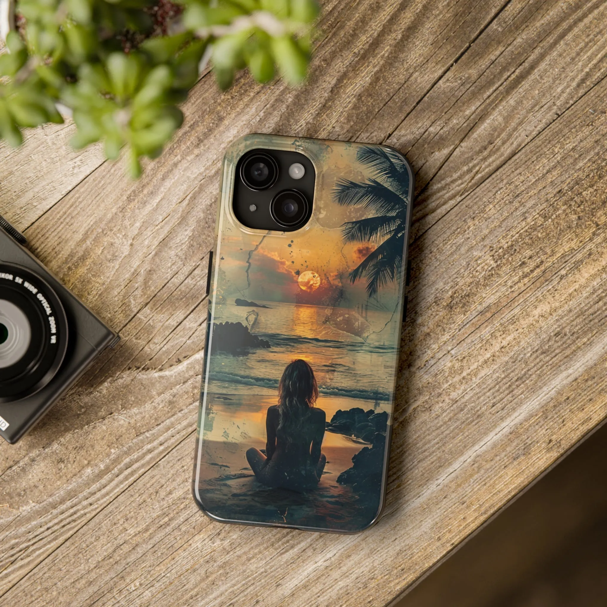 Vitage Tropical Sunset Beach Scene, iPhone Case, Aesthetic Ocean View with Palm Trees, Tranquil Nature Vibes Protective Cover, Tough iPhone Case