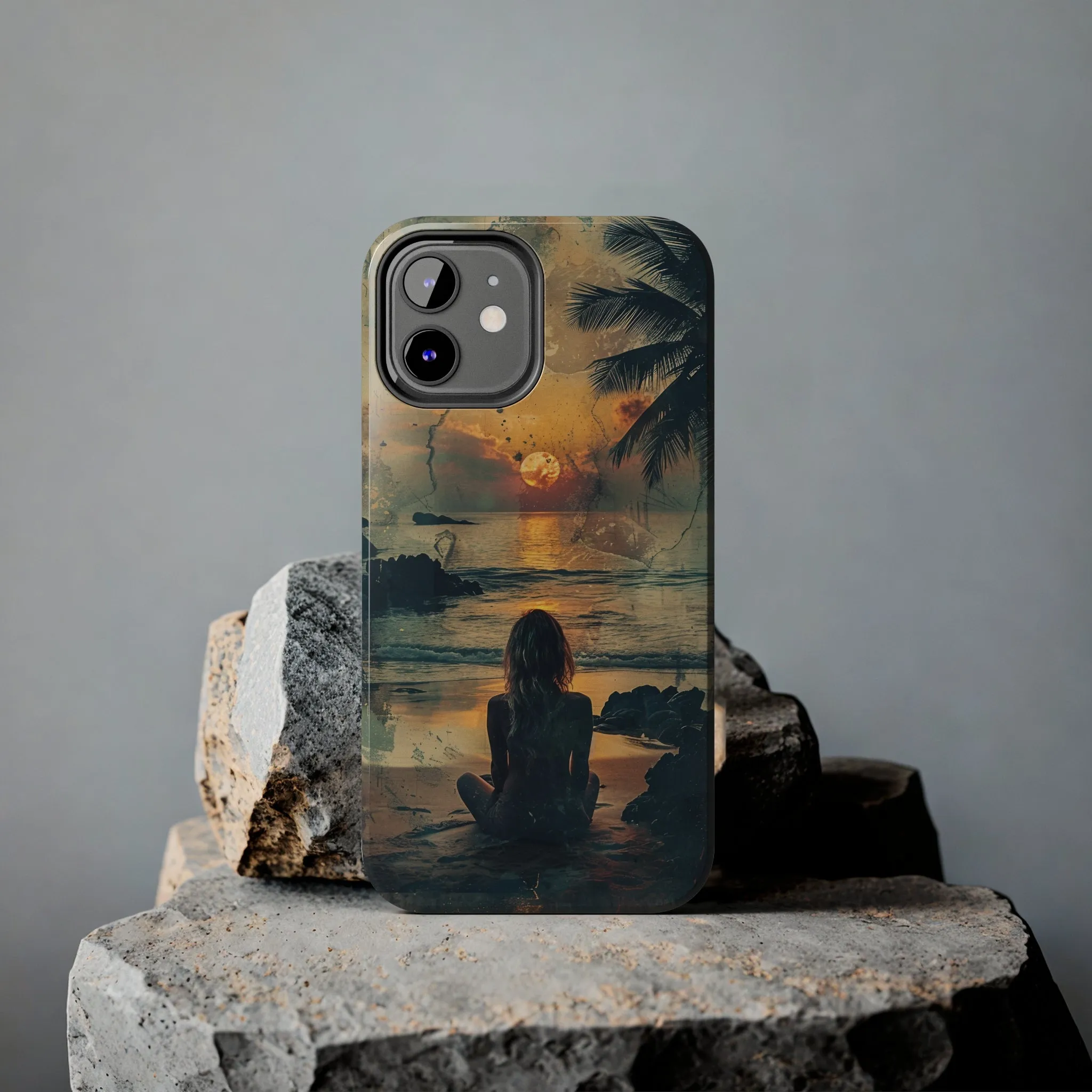 Vitage Tropical Sunset Beach Scene, iPhone Case, Aesthetic Ocean View with Palm Trees, Tranquil Nature Vibes Protective Cover, Tough iPhone Case